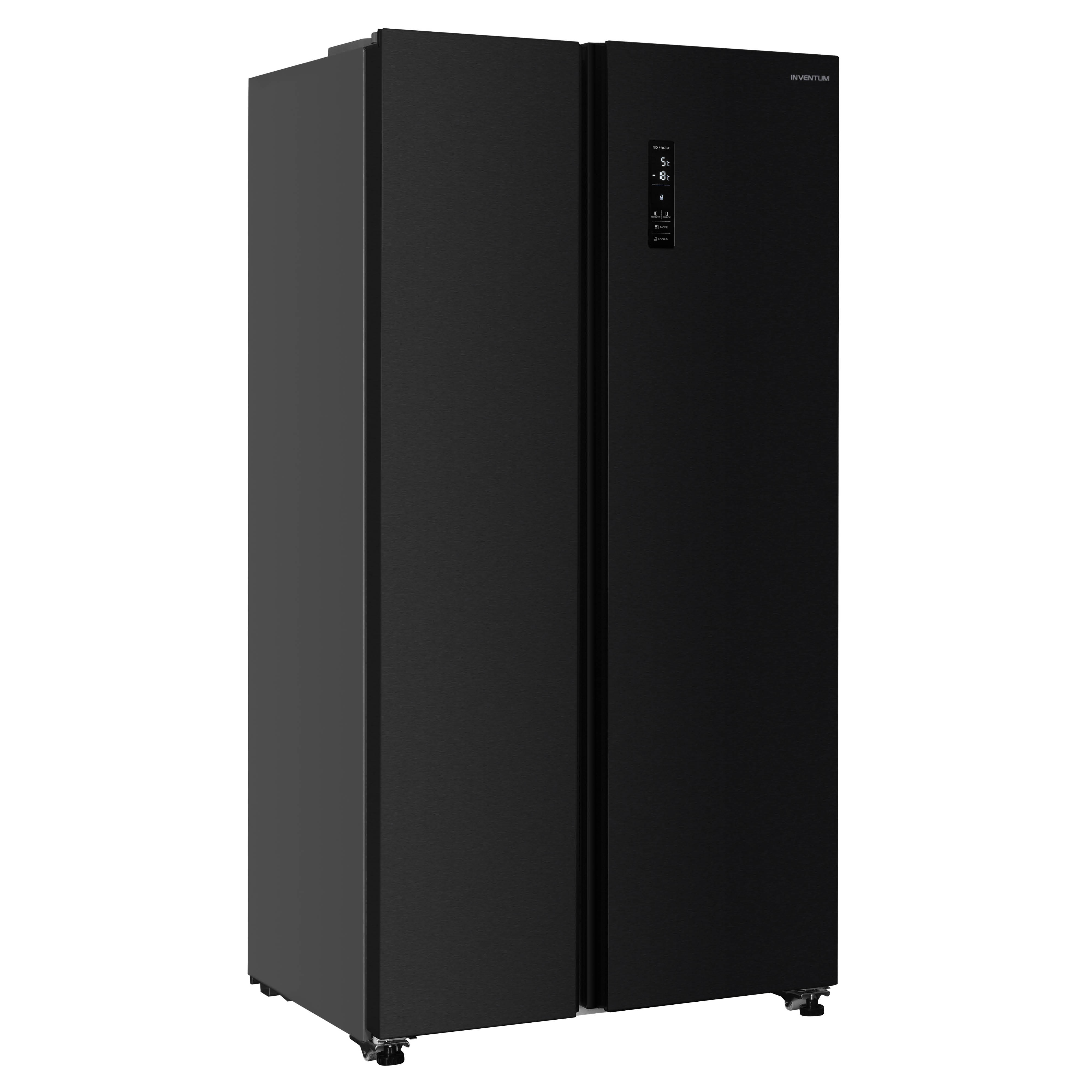 A black side-by-side refrigerator stands on a white background. The right door has a digital display.