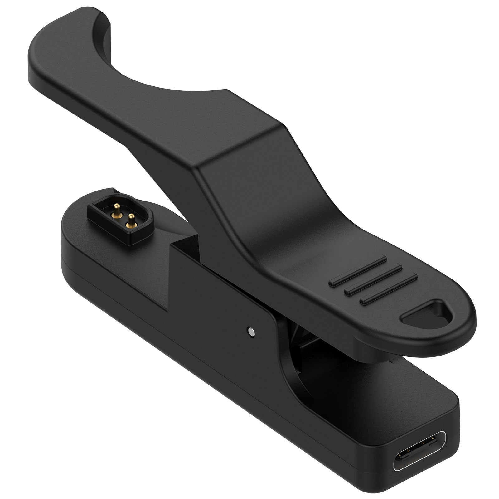 Czarne urządzenie ładujące w stylu zacisku. Posiada port USB-C, złote piny i dźwignię. Urządzenie jest na białym tle.