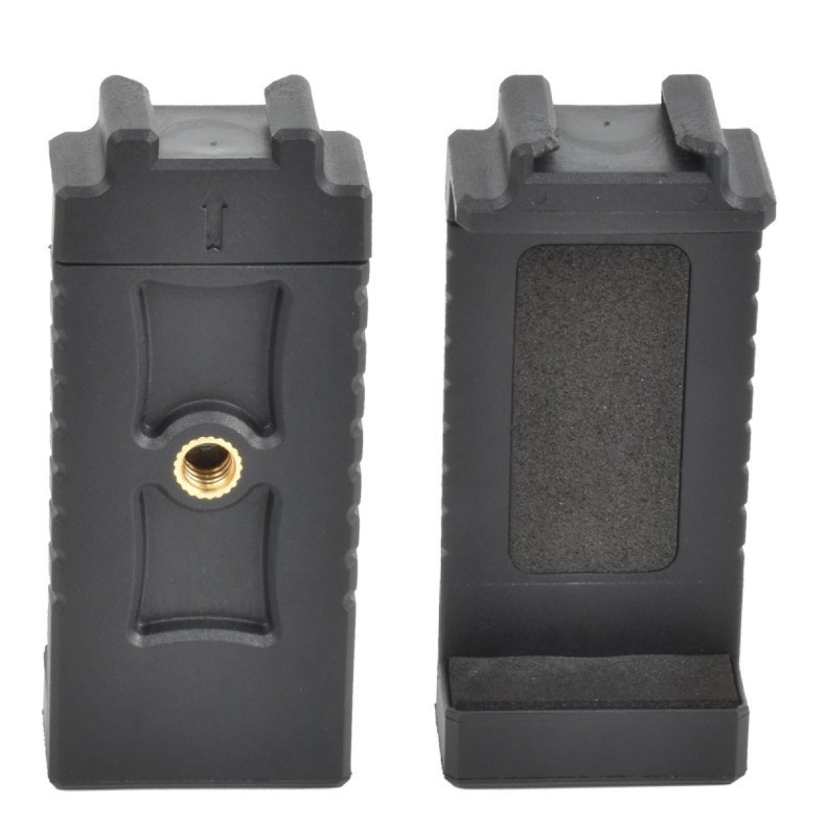 Dwa czarne uchwyty na telefon. Jeden ma złotą śrubę, drugi piankowy uchwyt. Oba mają górne klipsy i znajdują się na białym tle.