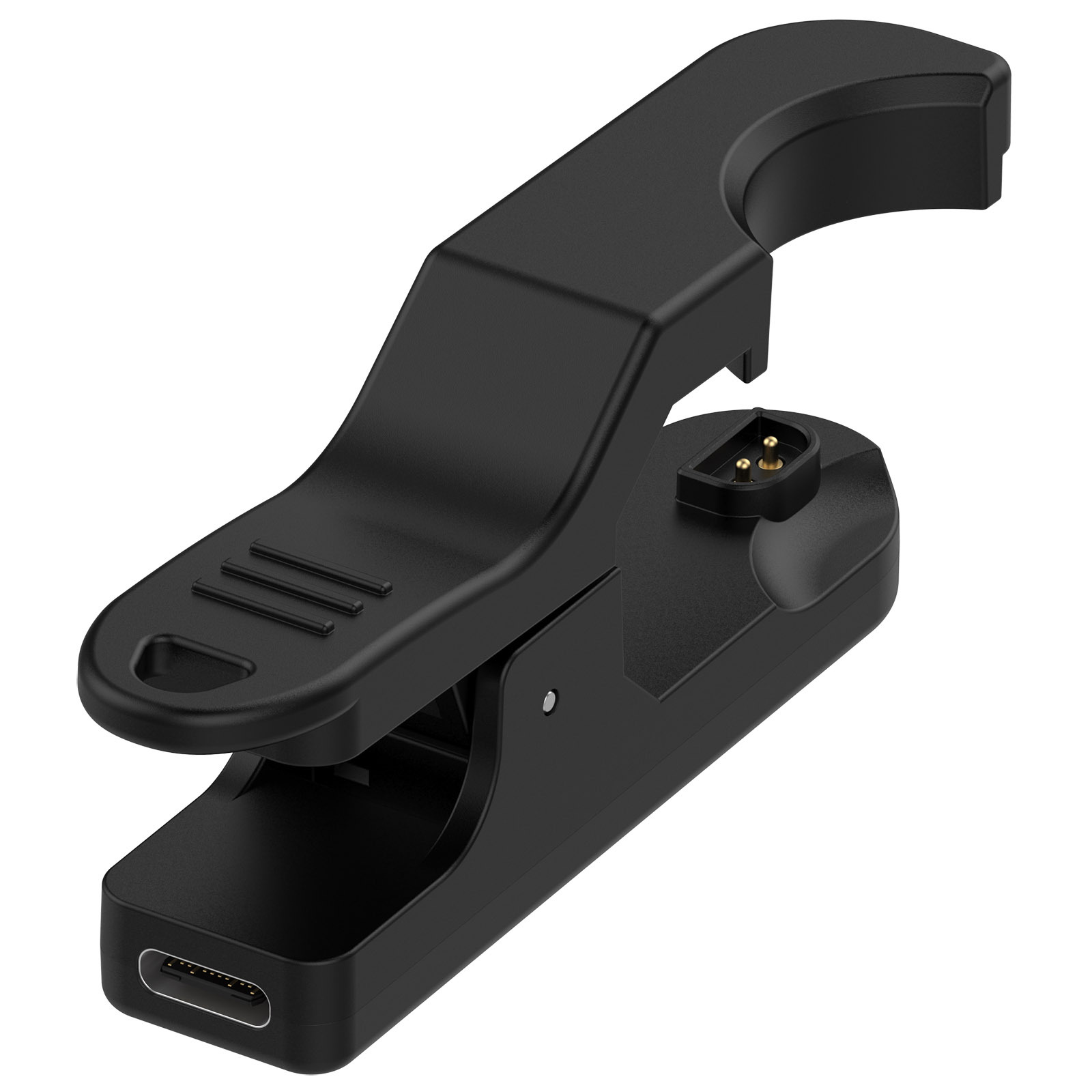 Czarna ładowarka USB-C z klipsem. Ma zakrzywioną górną część i dwa złote piny.