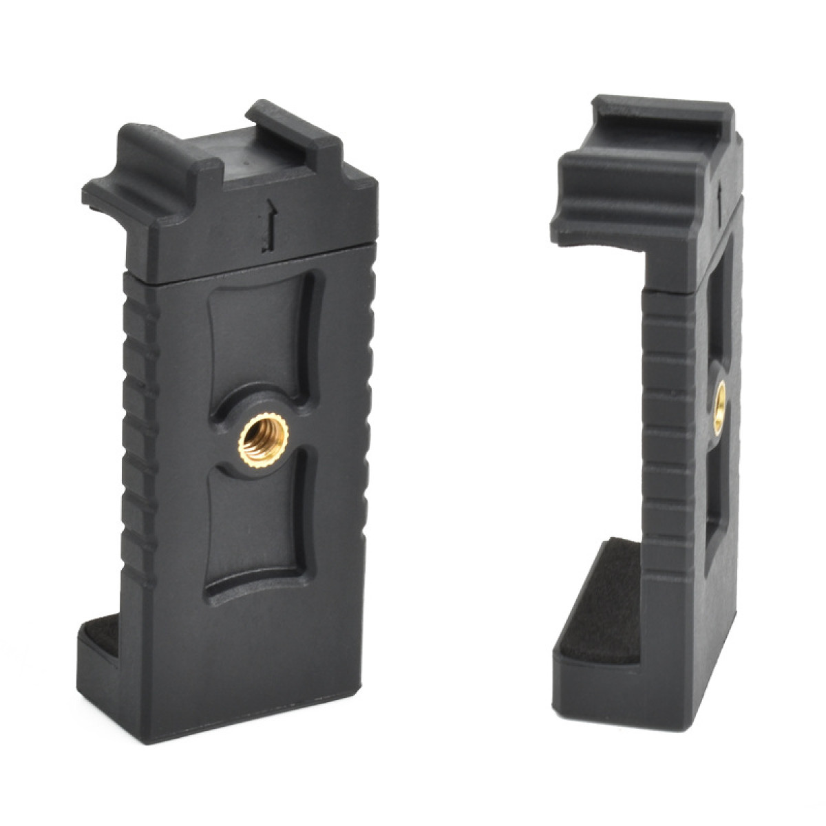 Dwa czarne plastikowe uchwyty do telefonu. Jeden pokazuje śrubę, a drugi wnętrze. Białe tło.