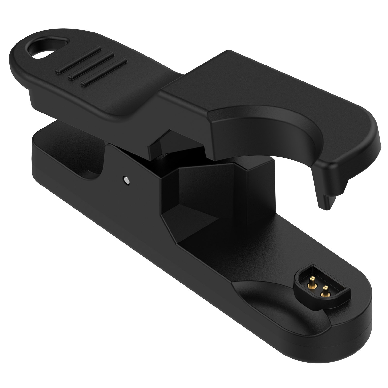 Czarna plastikowa ładowarka do smartwatcha. Ma konstrukcję klipsa i piny ładujące.