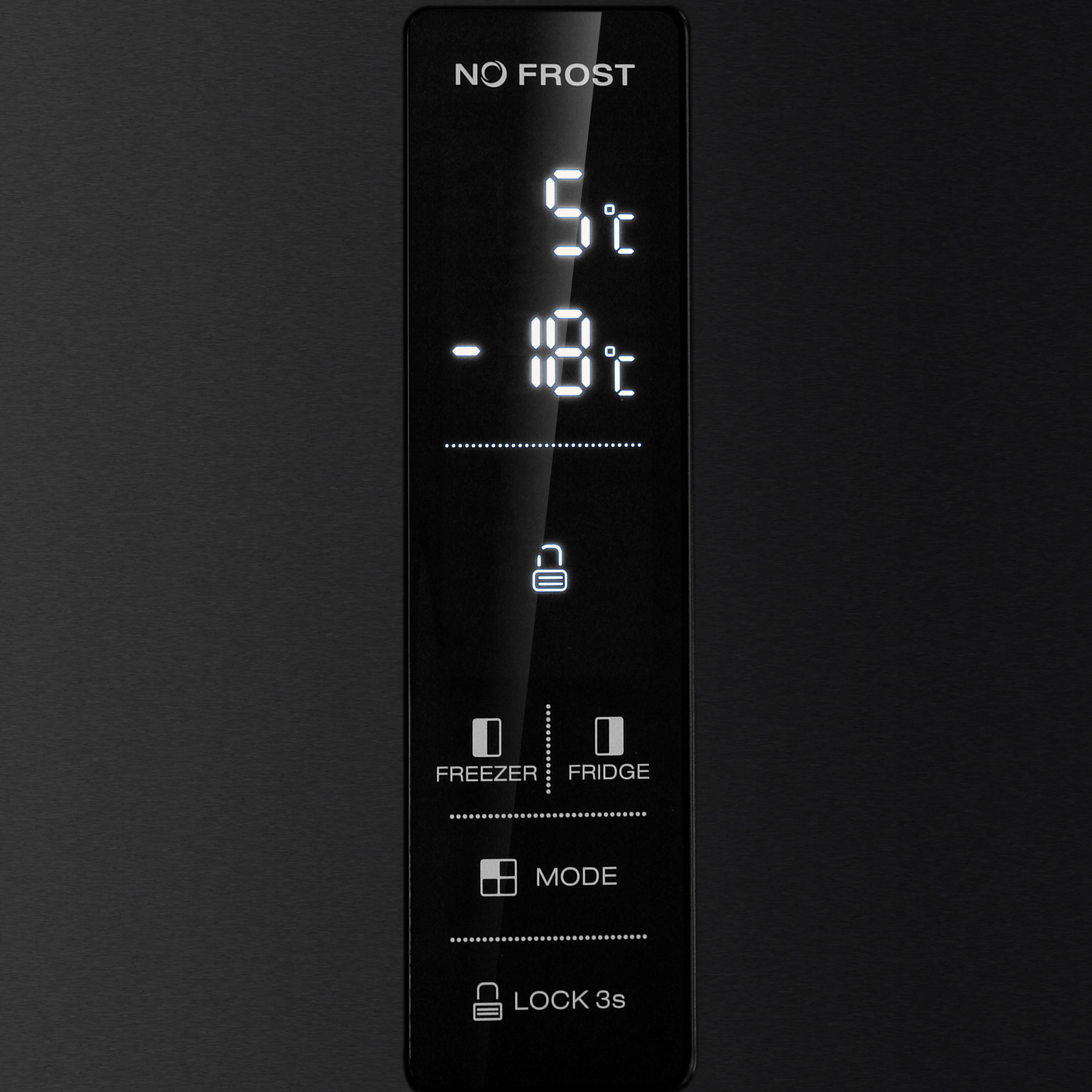 Black refrigerator control panel. Displays temperature, settings, and functions like freezer, fridge, and lock.