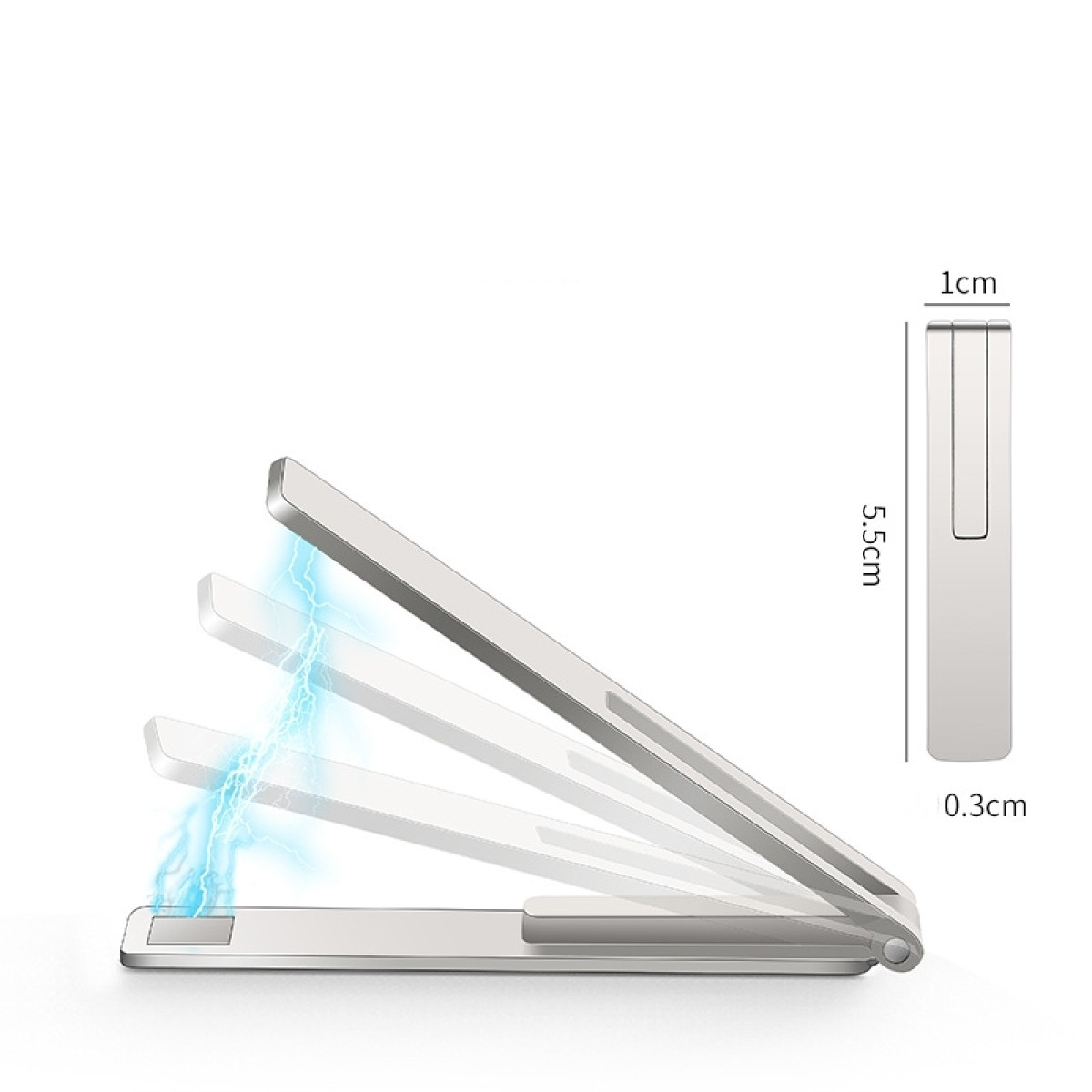 Srebrny składany stojak na telefon z niebieskimi liniami energii. Wymiary: 5,5 cm x 1 cm x 0,3 cm. Izolowany na białym tle.