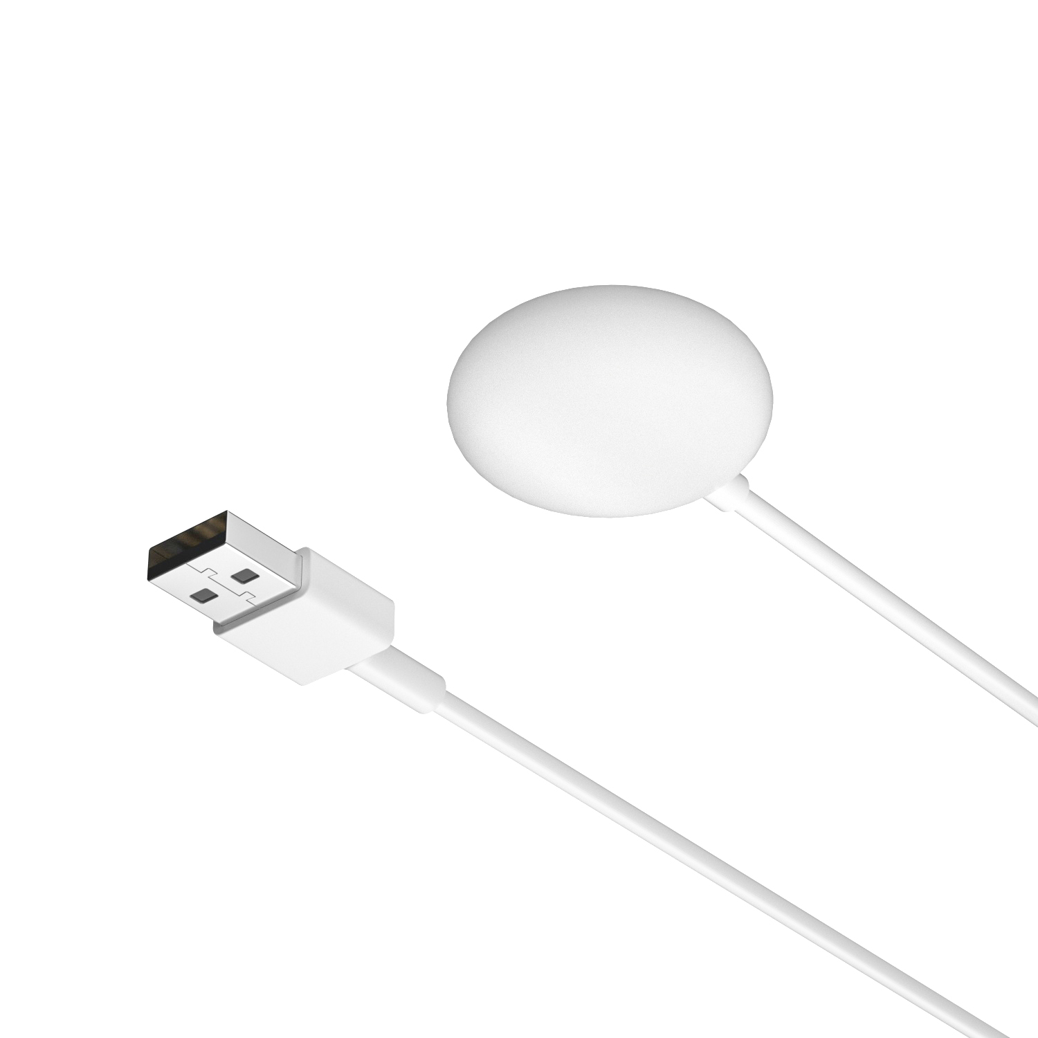 Biały kabel USB i biała okrągła podkładka ładująca na białym tle. USB po lewej, podkładka po prawej.