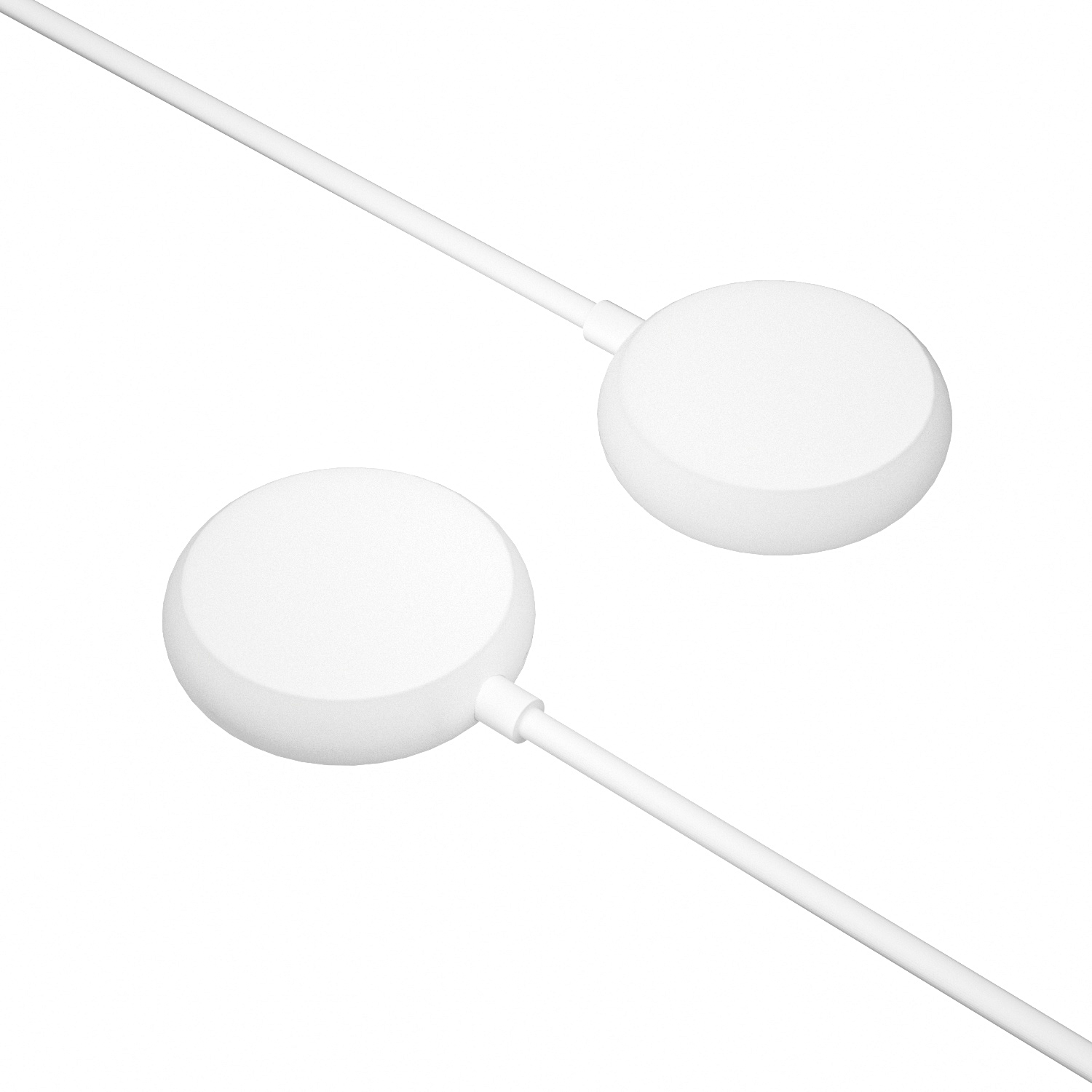 Dwie białe, okrągłe ładowarki bezprzewodowe z białymi kablami na białym tle. Jedna jest nieco niżej od drugiej.