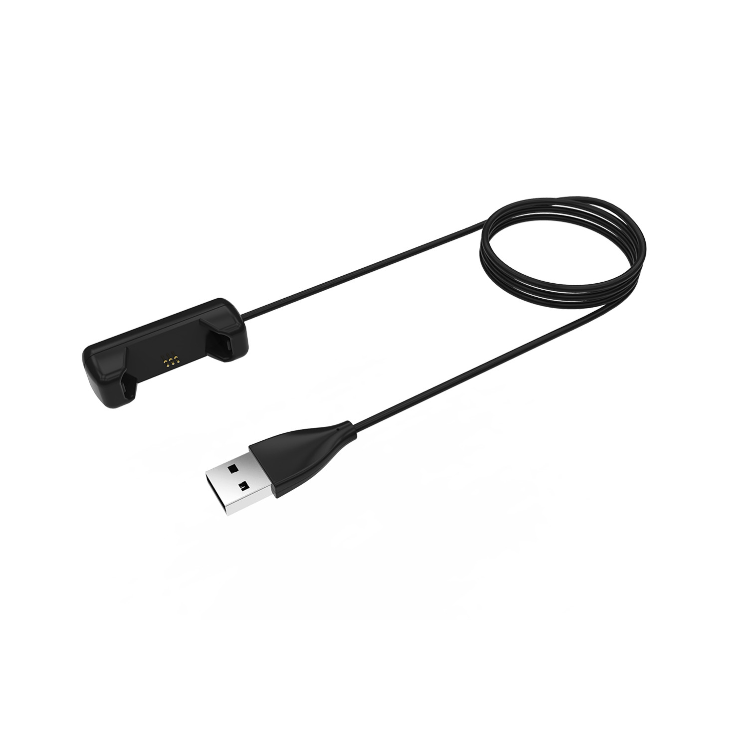 Czarny kabel ładujący ze złączem USB i stacją ładującą. Kabel jest zwinięty na białym tle.