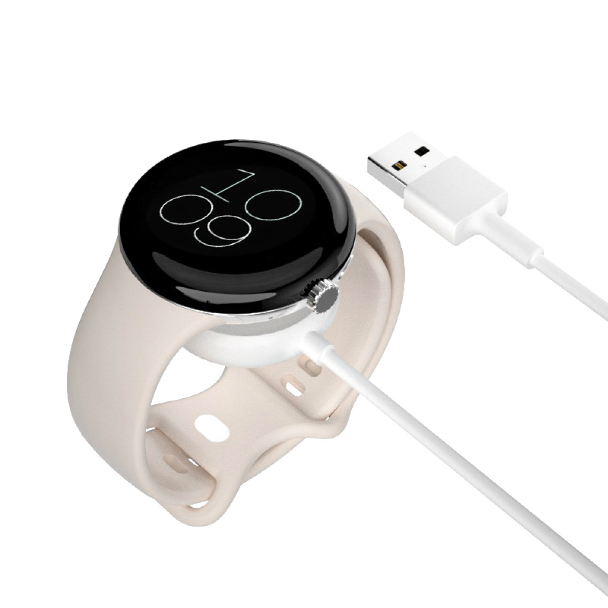 Beżowy smartwatch z czarnym ekranem wyświetlającym godzinę i podłączonym białym kablem ładującym.