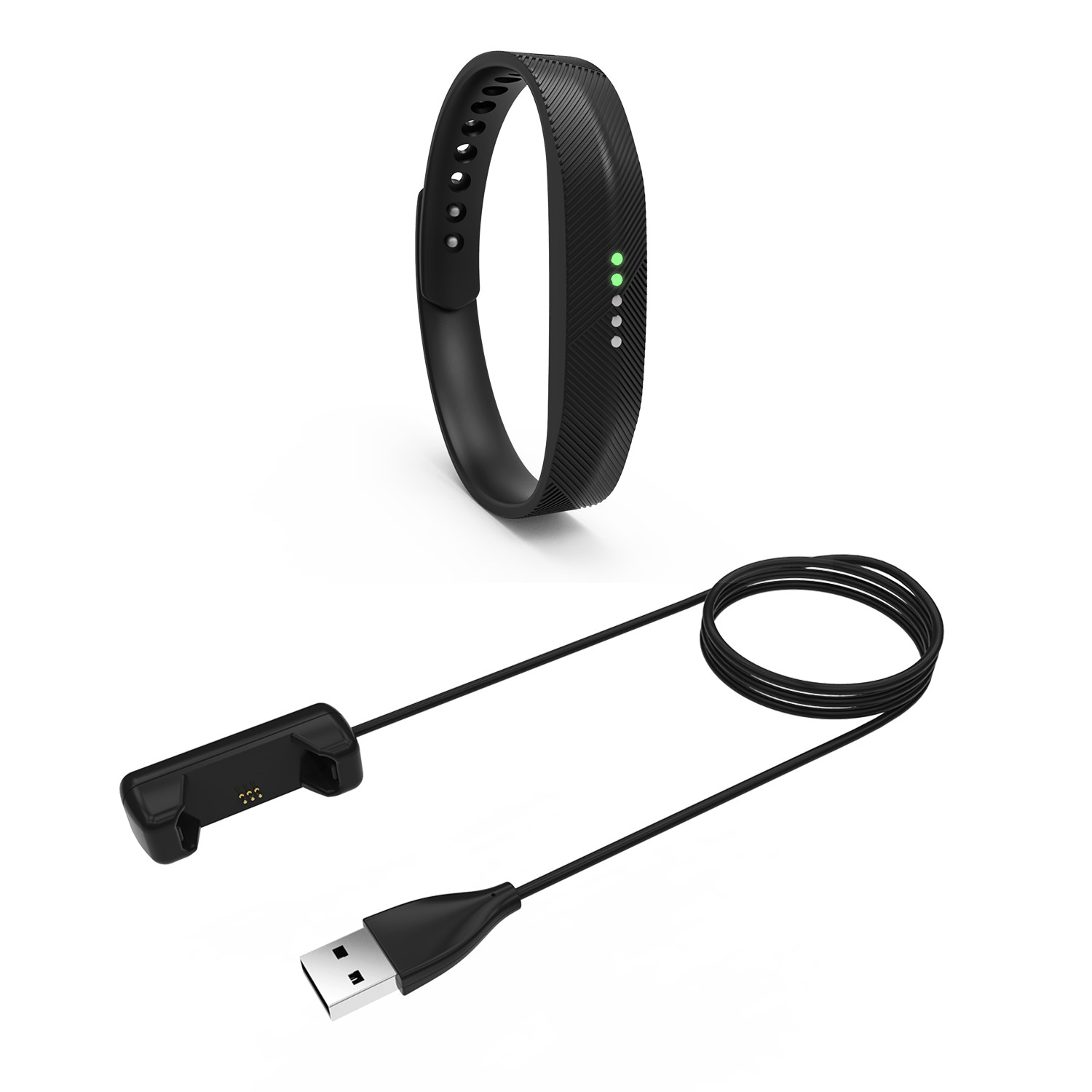 Czarny tracker fitness z ładowarką. Tracker ma zielone światła, ładowarka ma USB i złącze. Wszystko na białym tle.