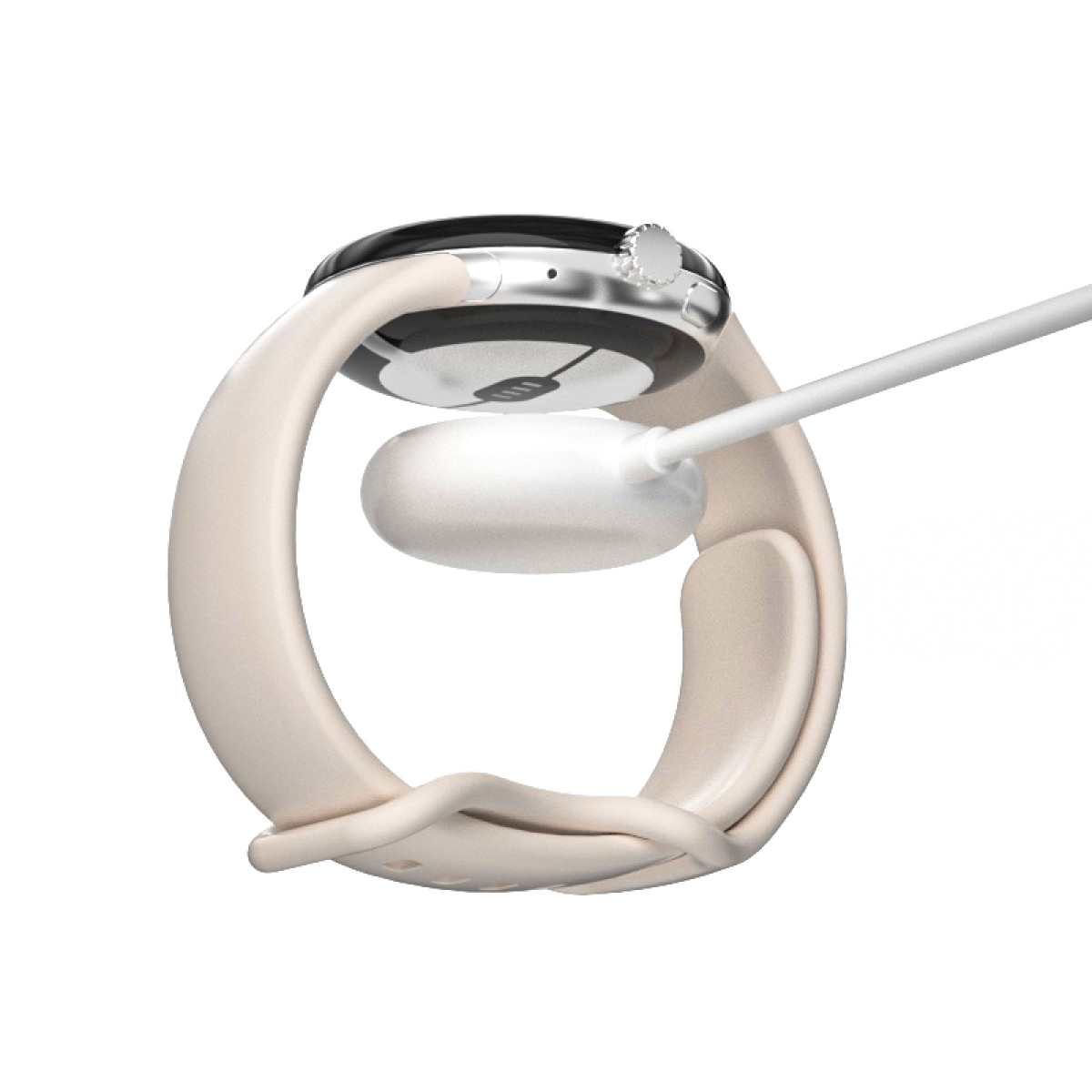 Smartwatch z beżowym paskiem na białej powierzchni. Biała ładowarka podłączona do zegarka. Zegarek ma czarny ekran.