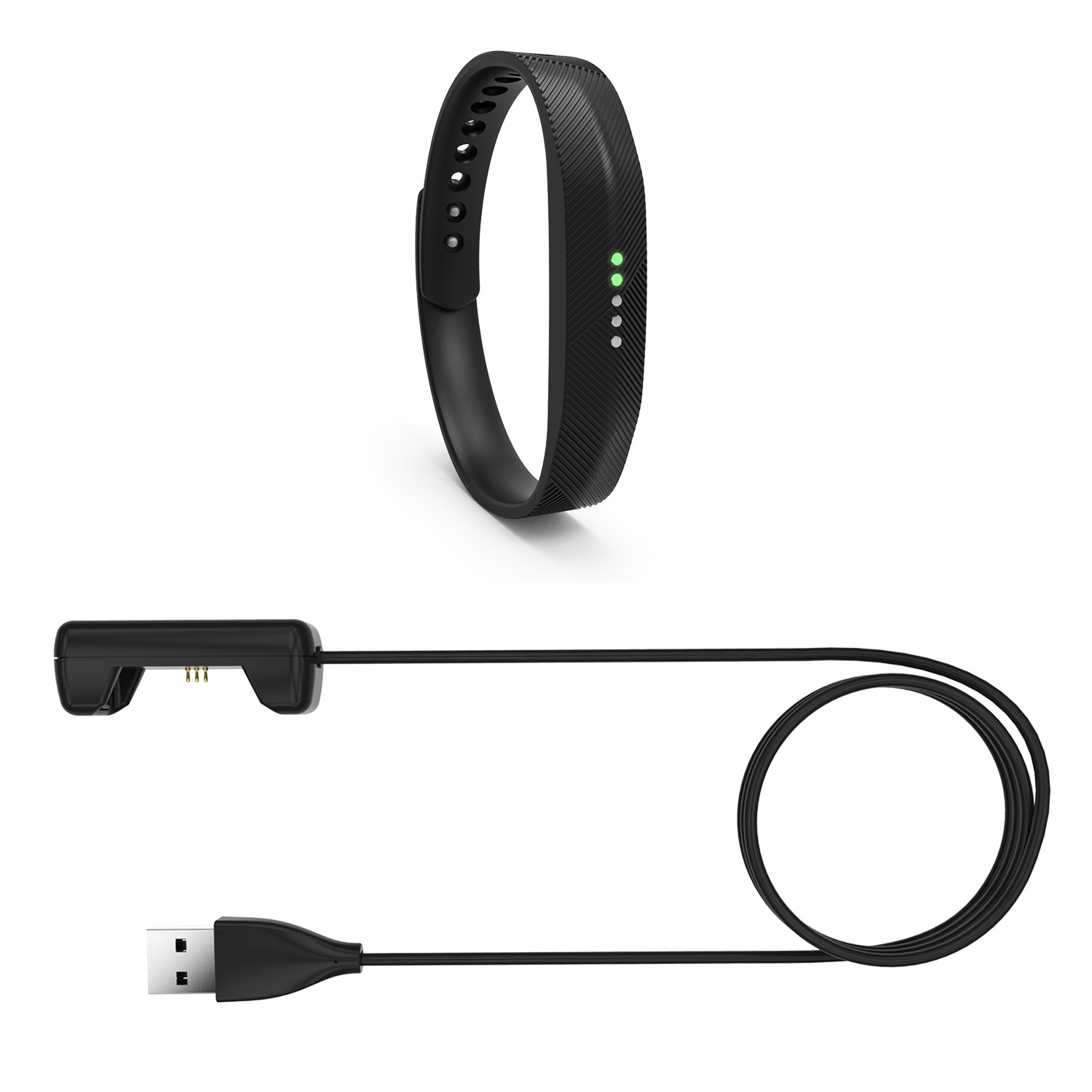 Czarny tracker fitness z kablem ładującym. Tracker ma światła, kabel ma końcówkę USB. Białe tło.