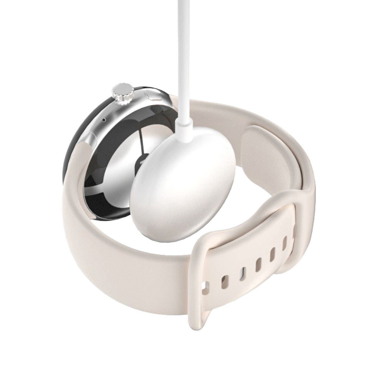 Kremowy smartwatch z kablem ładującym i podkładką ładującą. Zegarek jest na kremowym pasku.