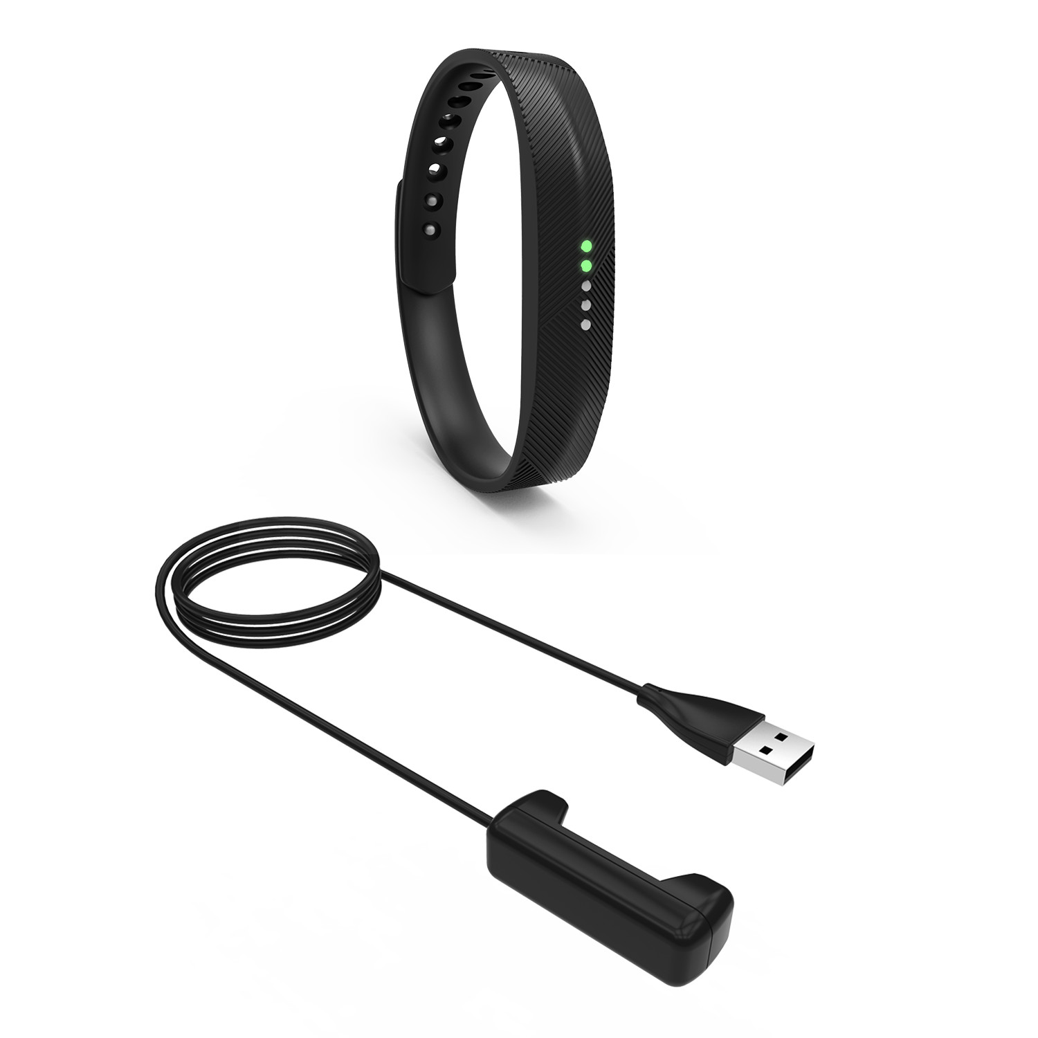 Czarny tracker fitness i ładowarka. Tracker ma zielone światła. Kabel USB i stacja ładująca poniżej.