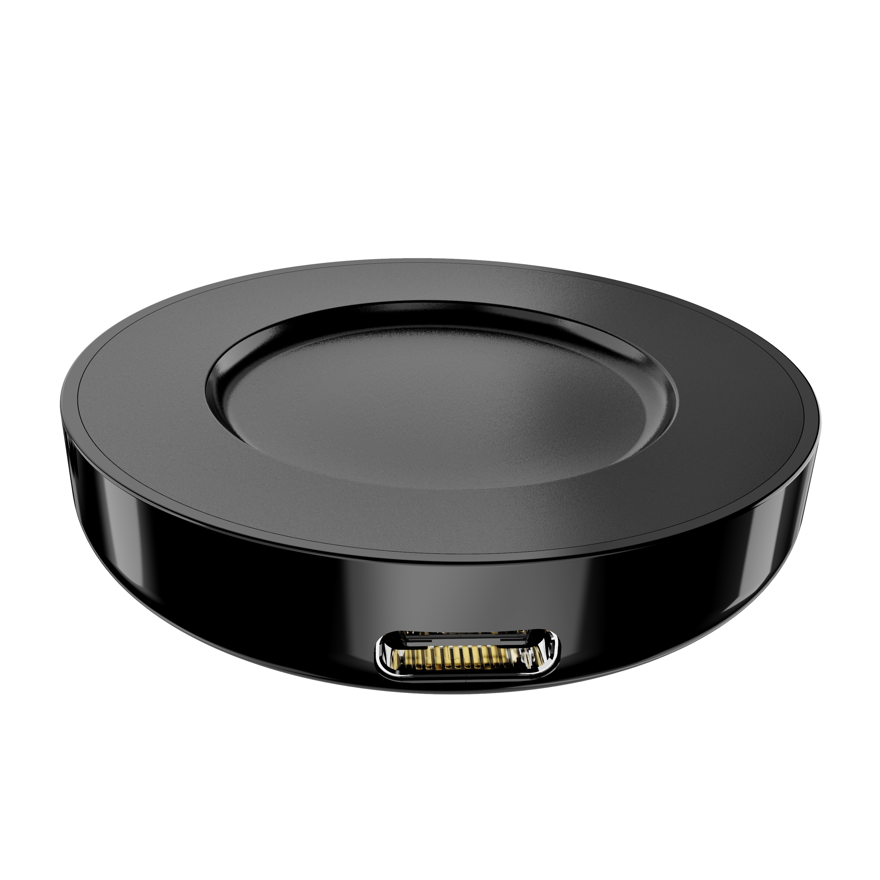 Czarna, okrągła stacja ładująca z wklęsłym środkiem. Posiada port USB-C widoczny z boku, na białym tle.