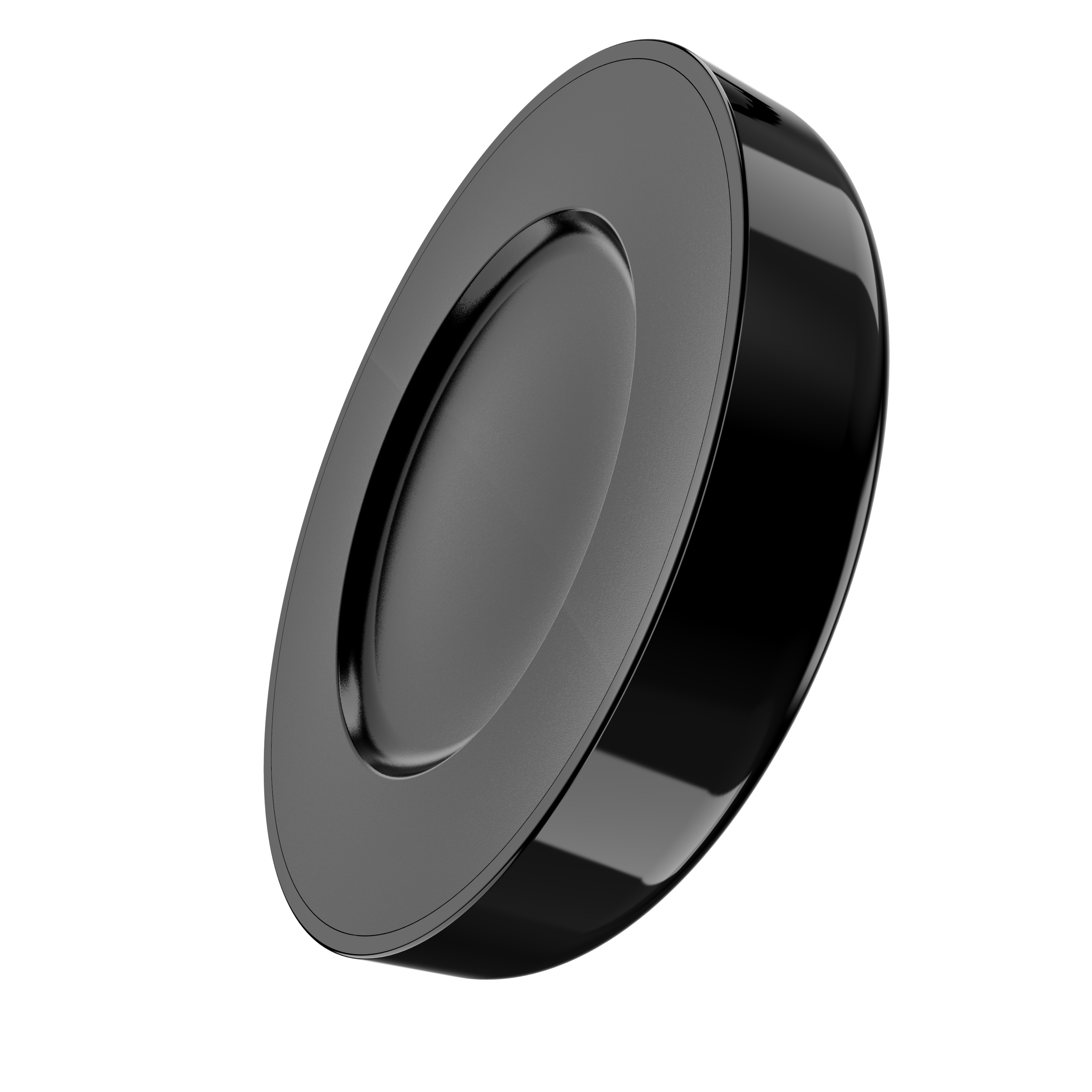 Czarny, błyszczący, okrągły obiekt jest przechylony na białym tle. Ma centralne zagłębienie i podniesioną zewnętrzną krawędź.