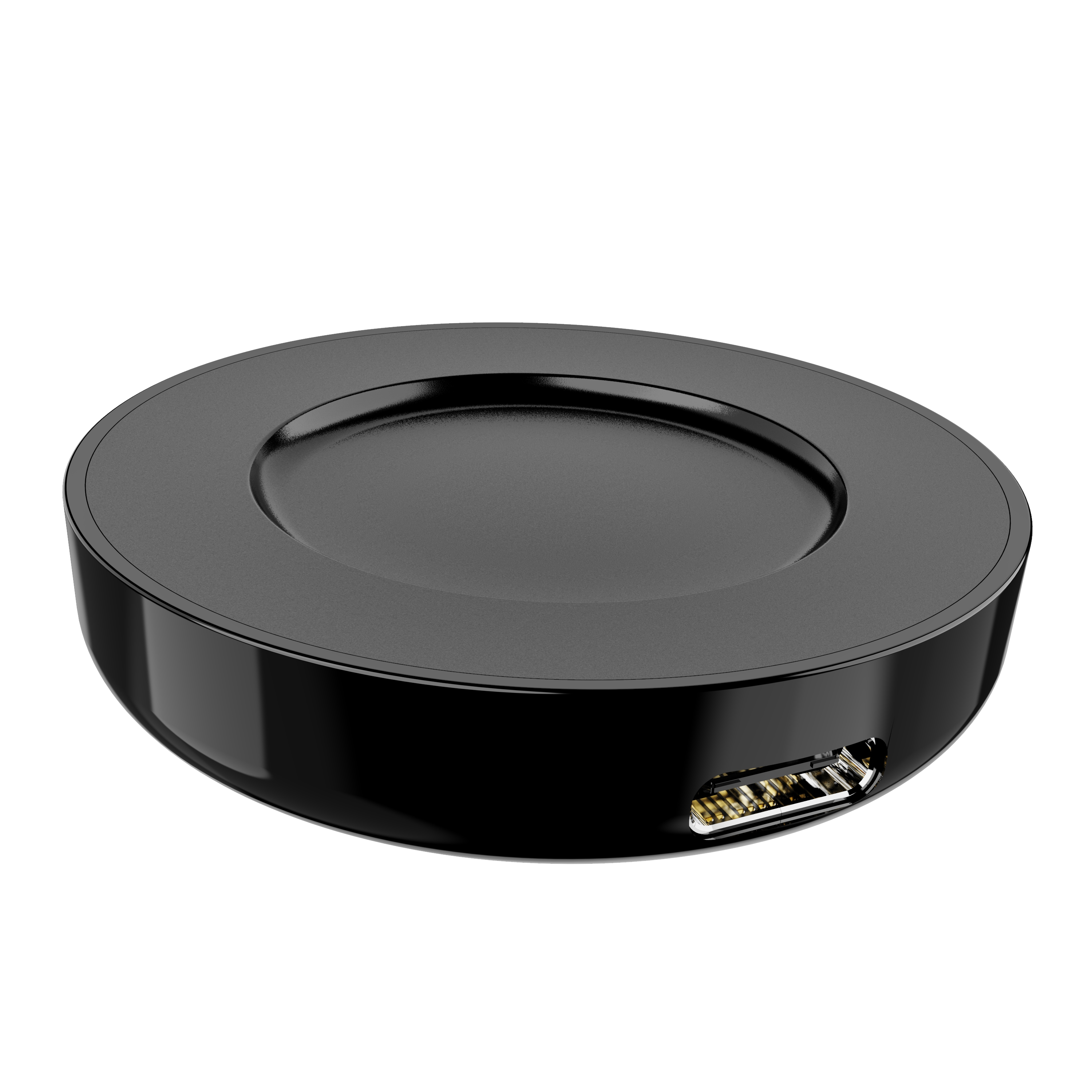 Czarna, okrągła ładowarka bezprzewodowa z podwyższonym środkiem i portem USB.