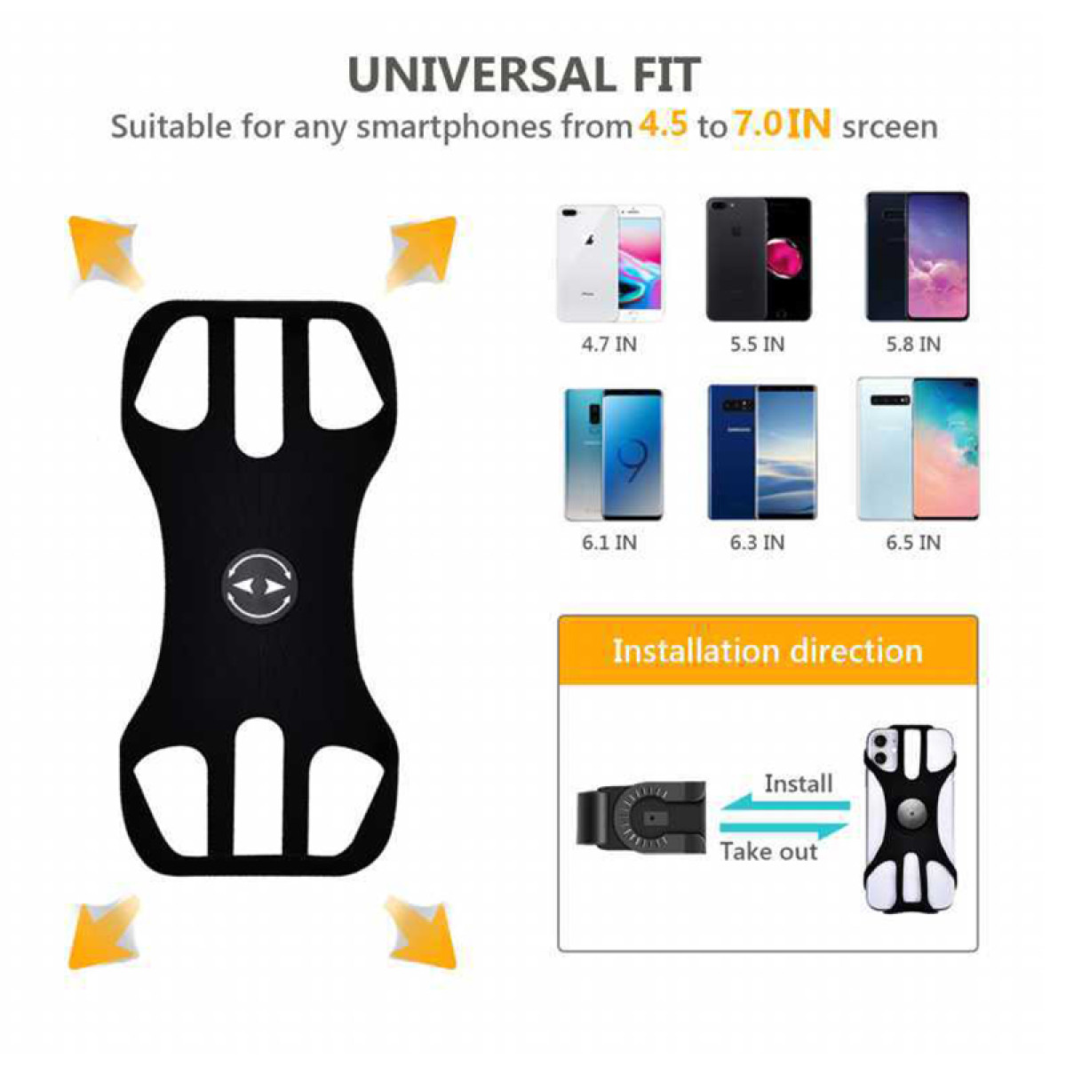 Zdjęcie przedstawia czarny uchwyt na telefon, modele telefonów z rozmiarami oraz instrukcję instalacji. Tekst brzmi 'UNIVERSAL FIT' i 'Kierunek instalacji'.