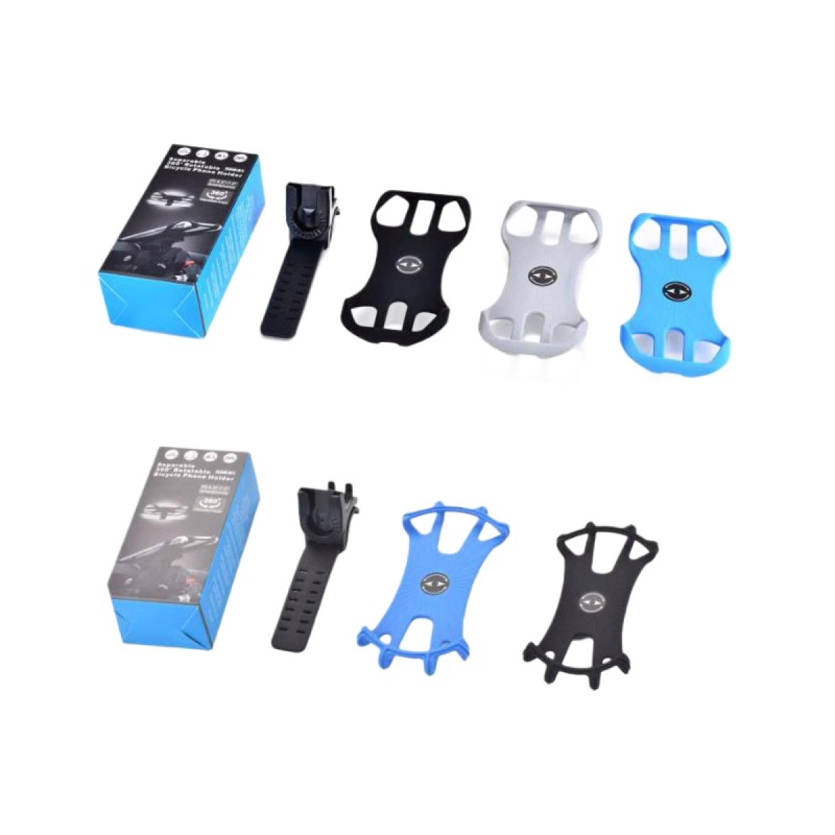 Wyświetlane są różne uchwyty do telefonów rowerowych i opakowania. Uchwyty są w kolorze czarnym, białym i niebieskim. Pudełka są niebieskie i czarne.