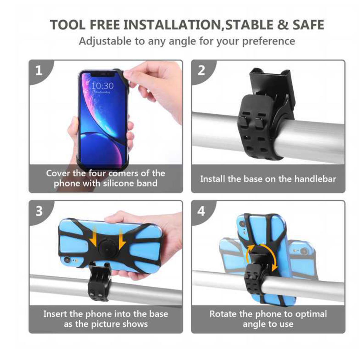 Instrukcje dotyczące uchwytu na telefon. Kroki obejmują zakrycie telefonu, zainstalowanie podstawy, włożenie telefonu i obracanie.