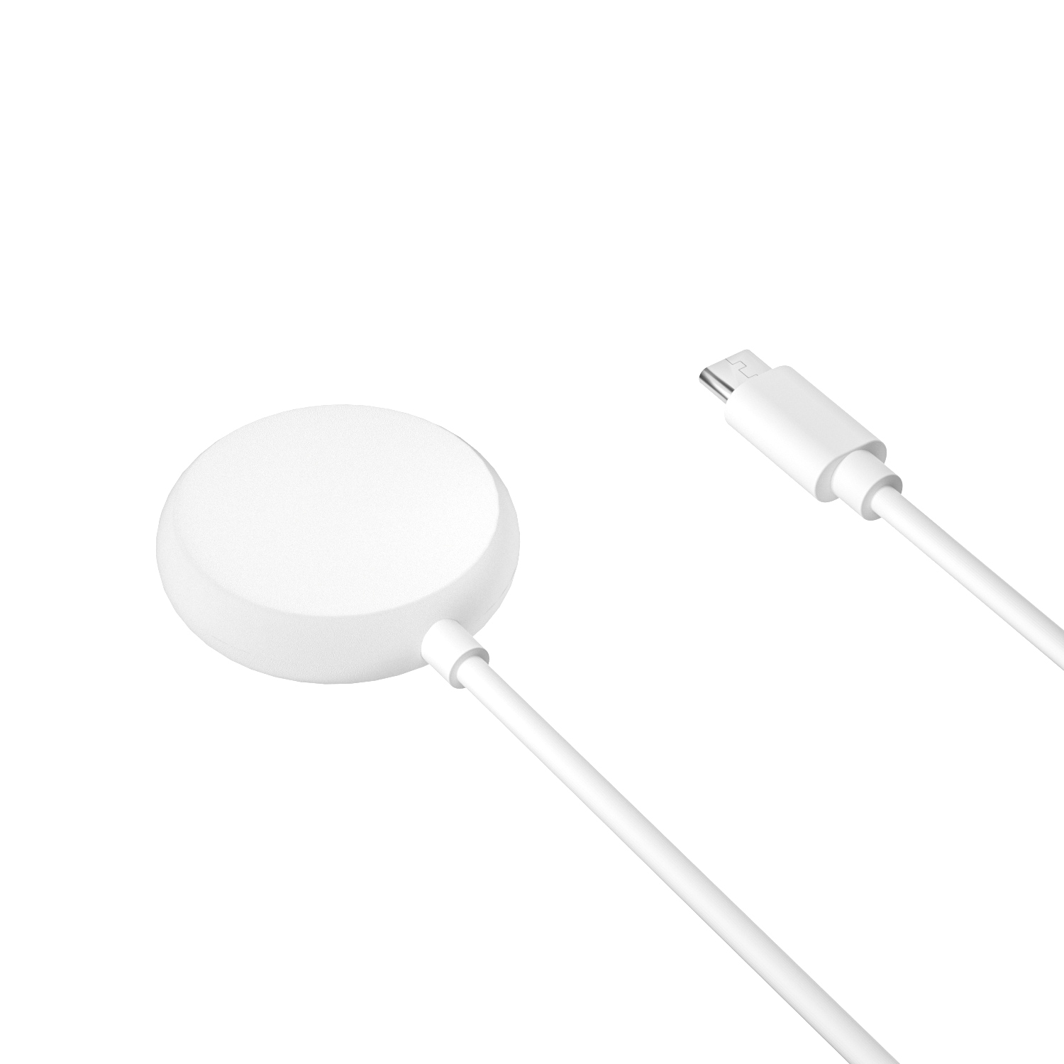 Un chargeur sans fil blanc avec un câble et un connecteur USB. Le fond est blanc.