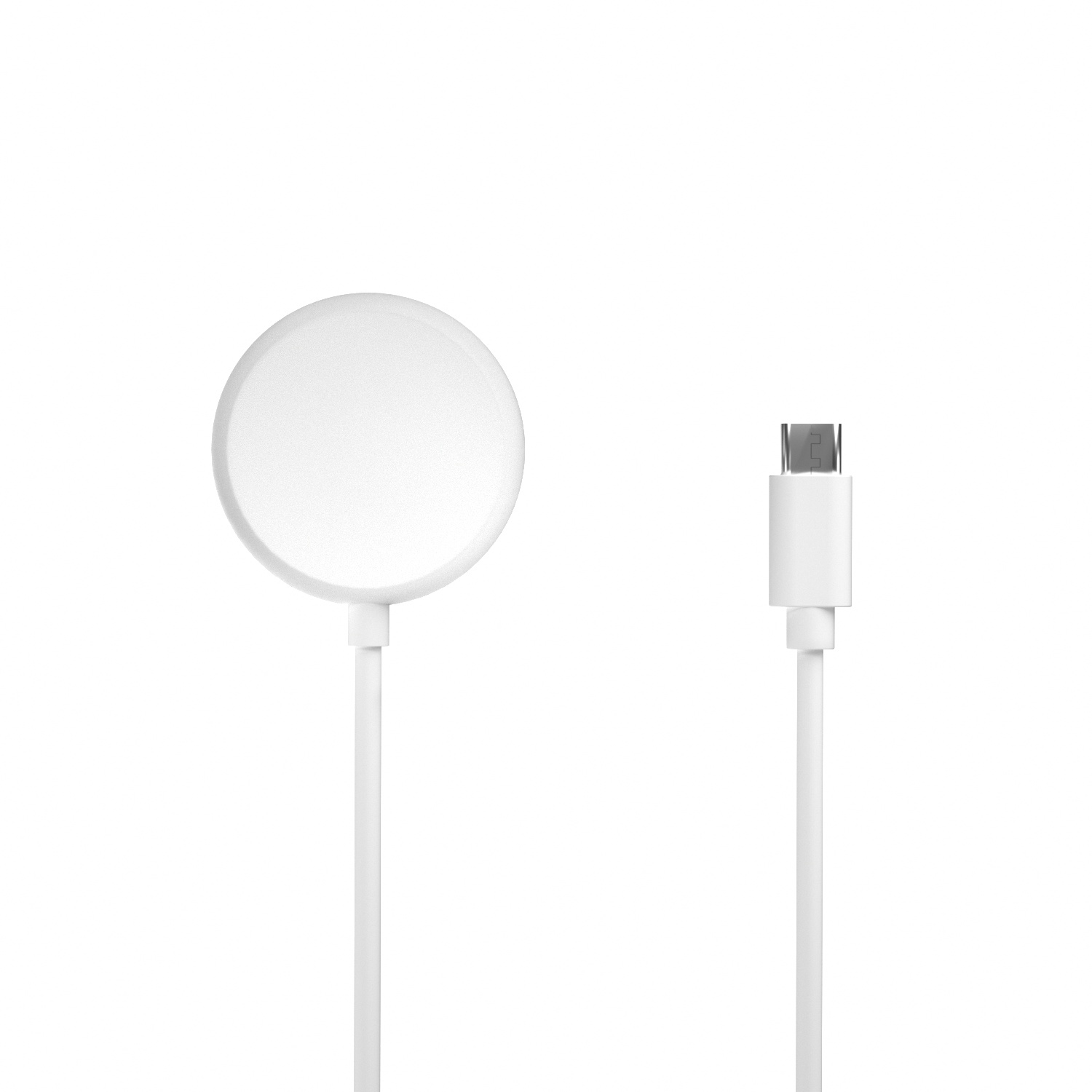 Un chargeur sans fil blanc et un câble USB-C sur fond blanc. Le chargeur est rond, le câble a une pointe rectangulaire.