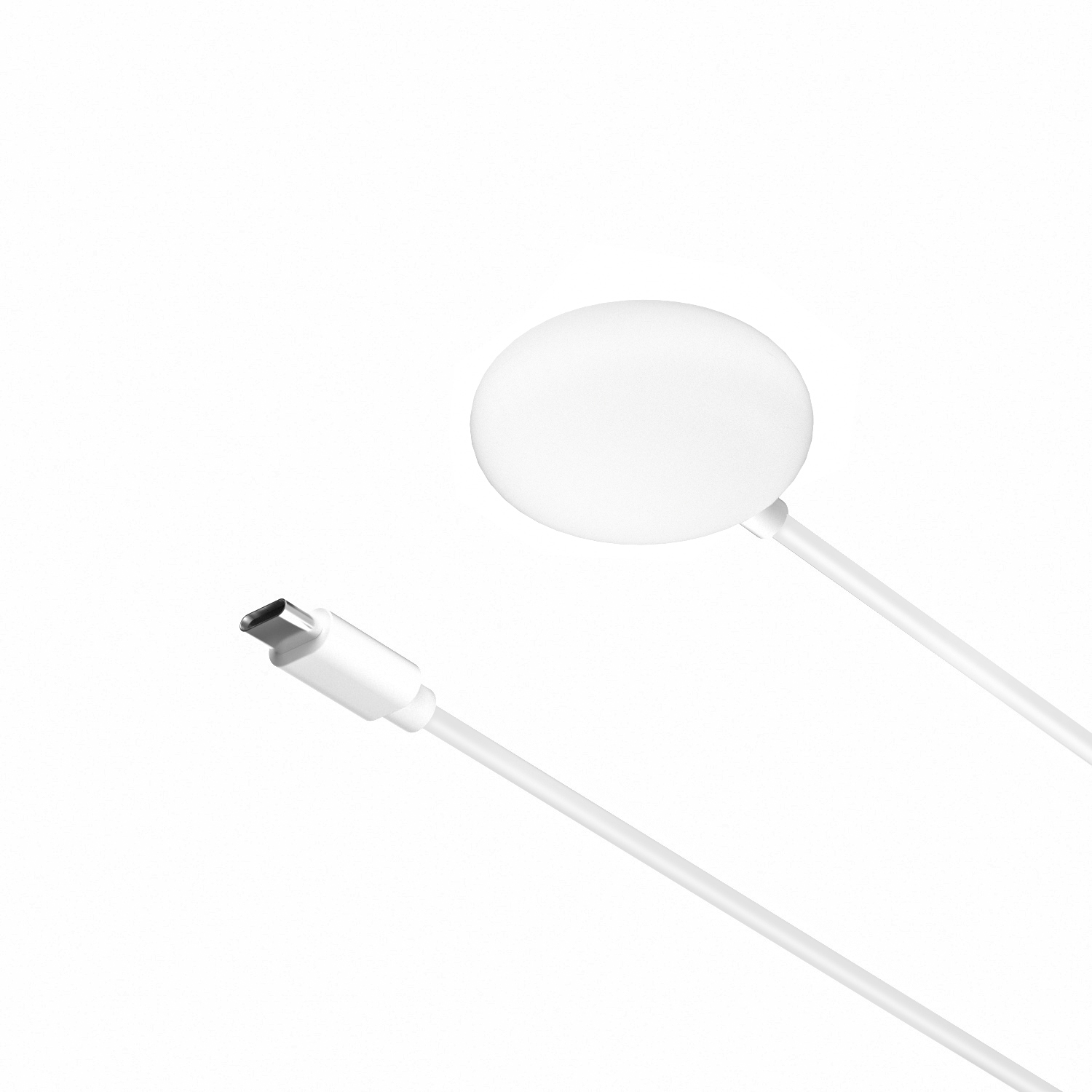 Un chargeur sans fil blanc avec un câble USB-C. Le chargeur a un dessus rond et plat. Le câble et le chargeur sont blancs sur fond blanc.