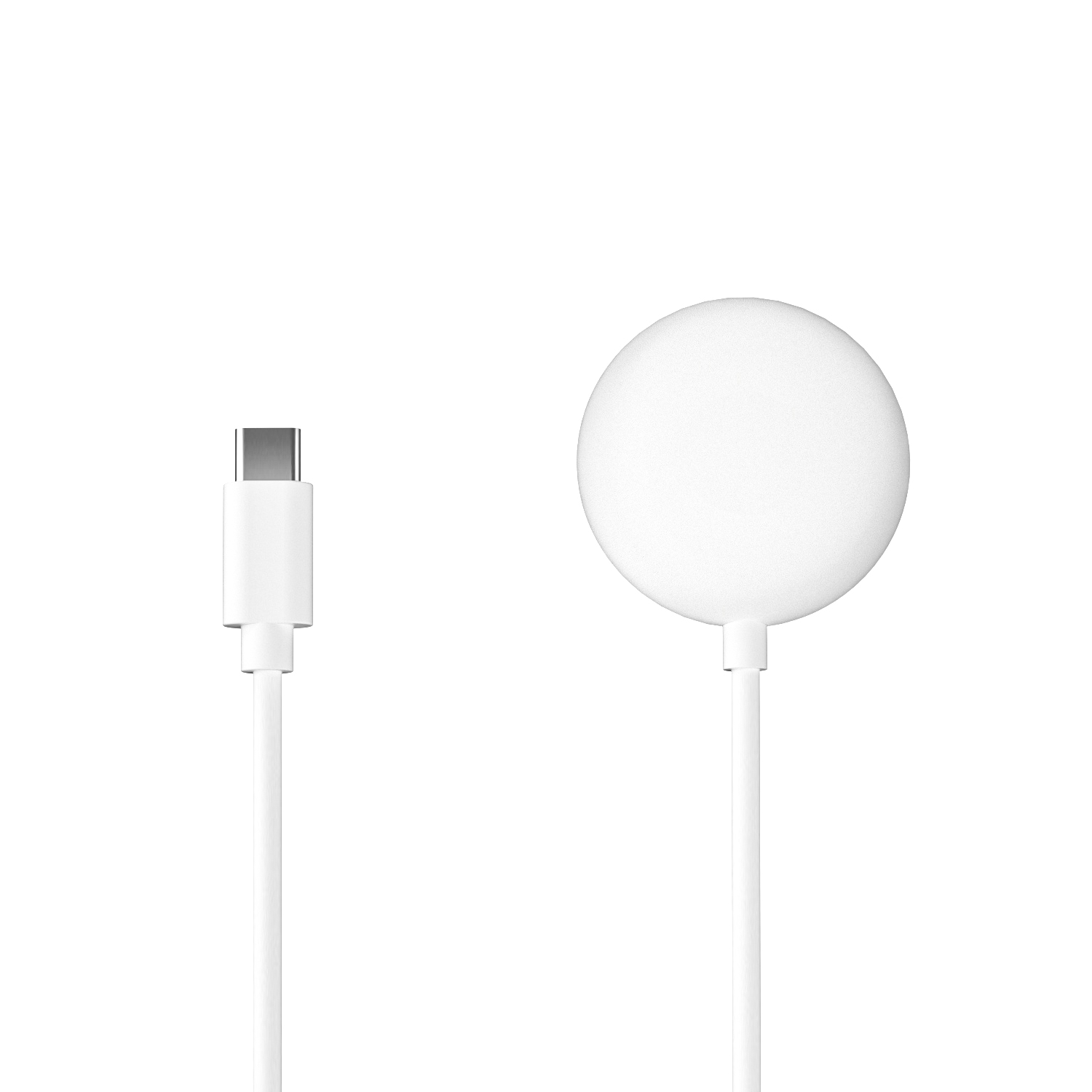 Un câble USB-C blanc et un chargeur sans fil blanc sur fond blanc. Le chargeur est rond et connecté à un câble.