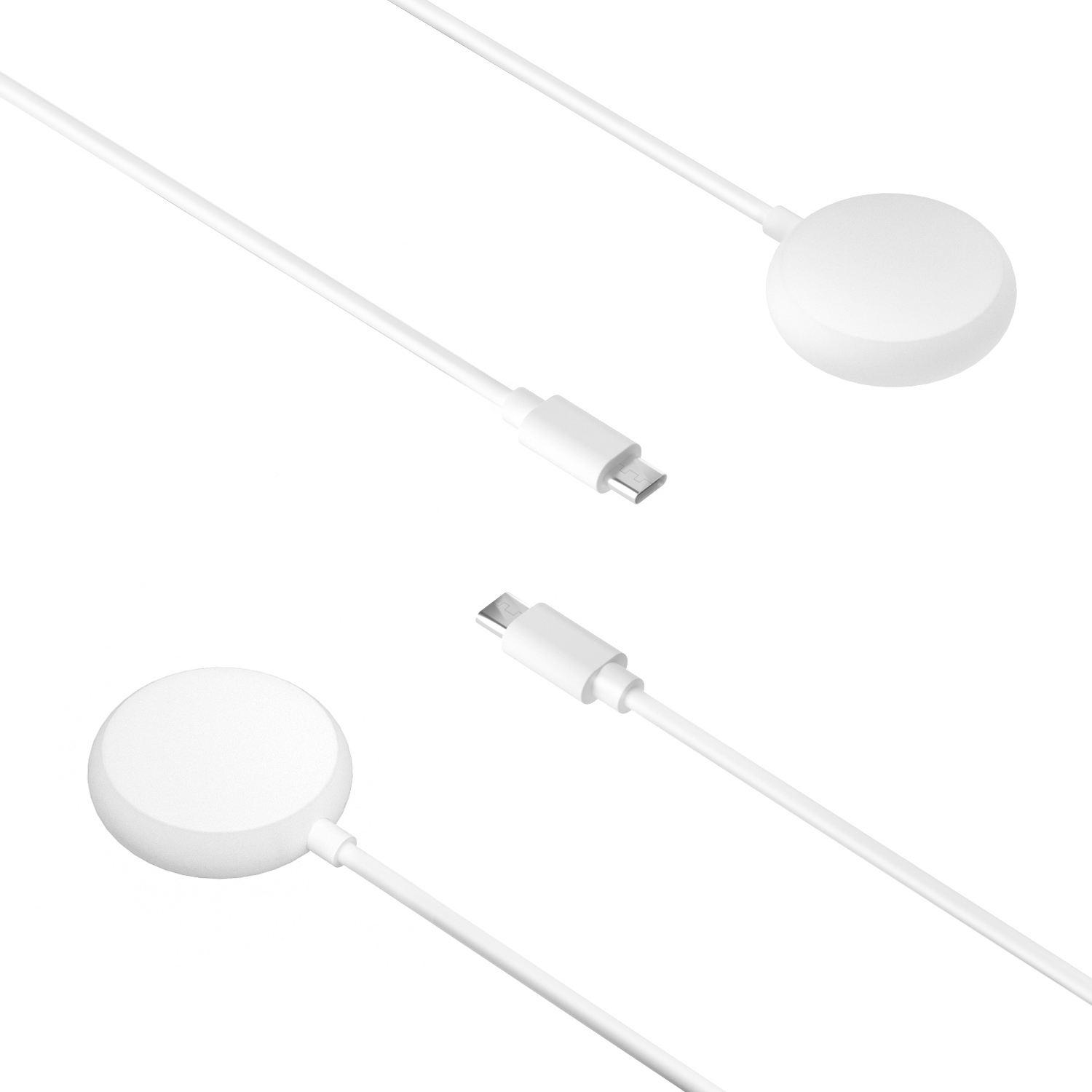 Chargeurs de montre circulaires blancs avec câbles USB-C attachés sur fond blanc. Deux chargeurs sont visibles.