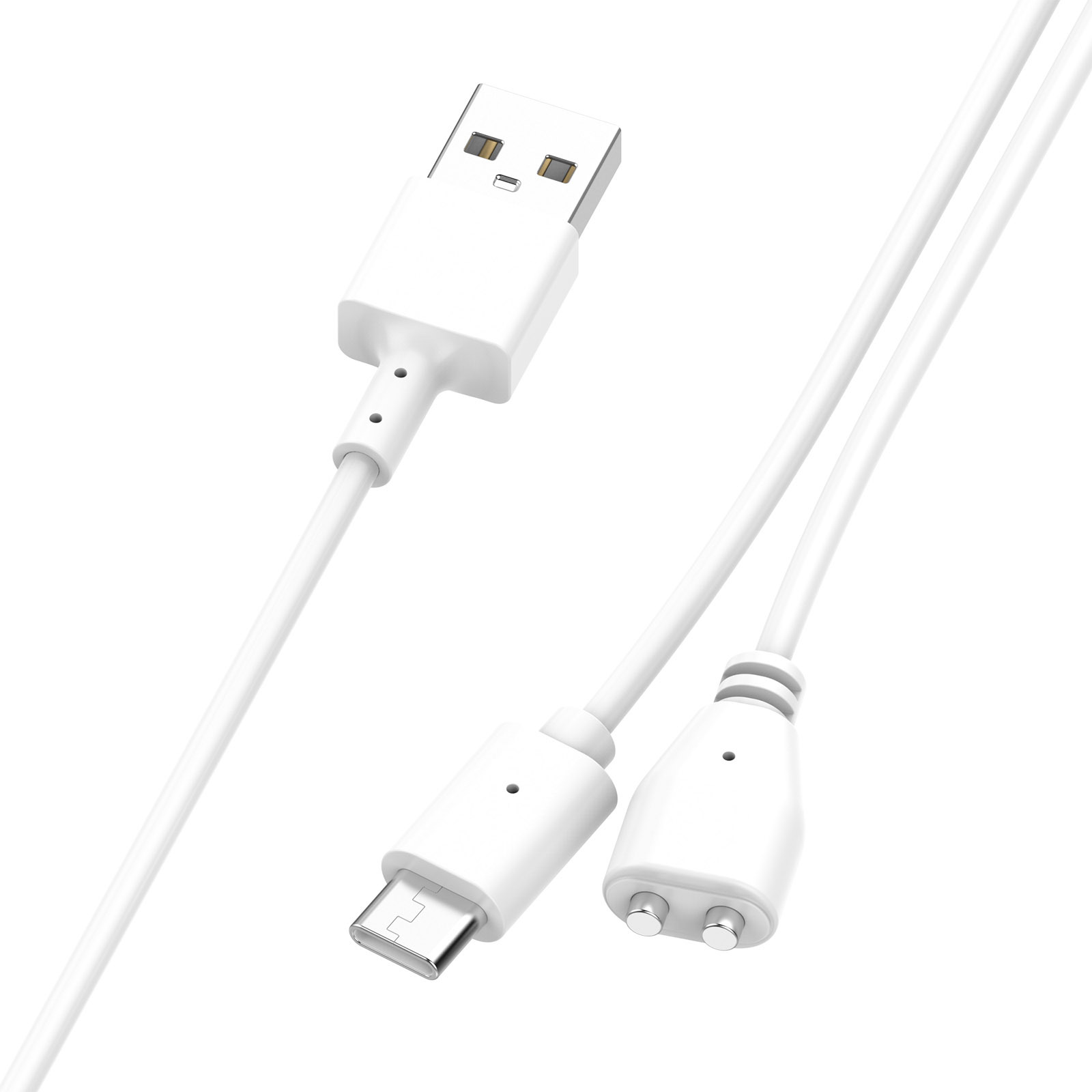 Un cavo USB bianco con un connettore USB-A e un connettore USB-C, insieme a un altro connettore con due pin circolari argentati.
