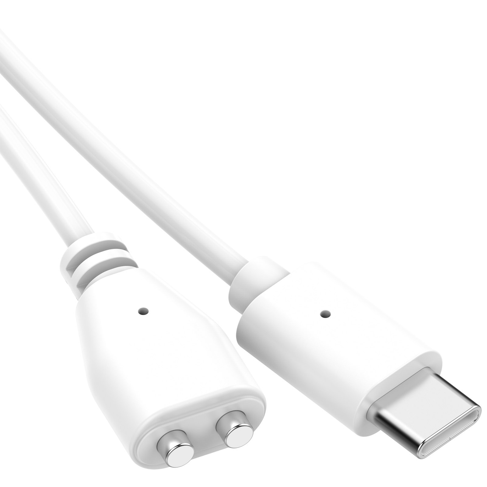 Un cavo USB-C bianco con due jack audio e un connettore USB-C. È su sfondo bianco.