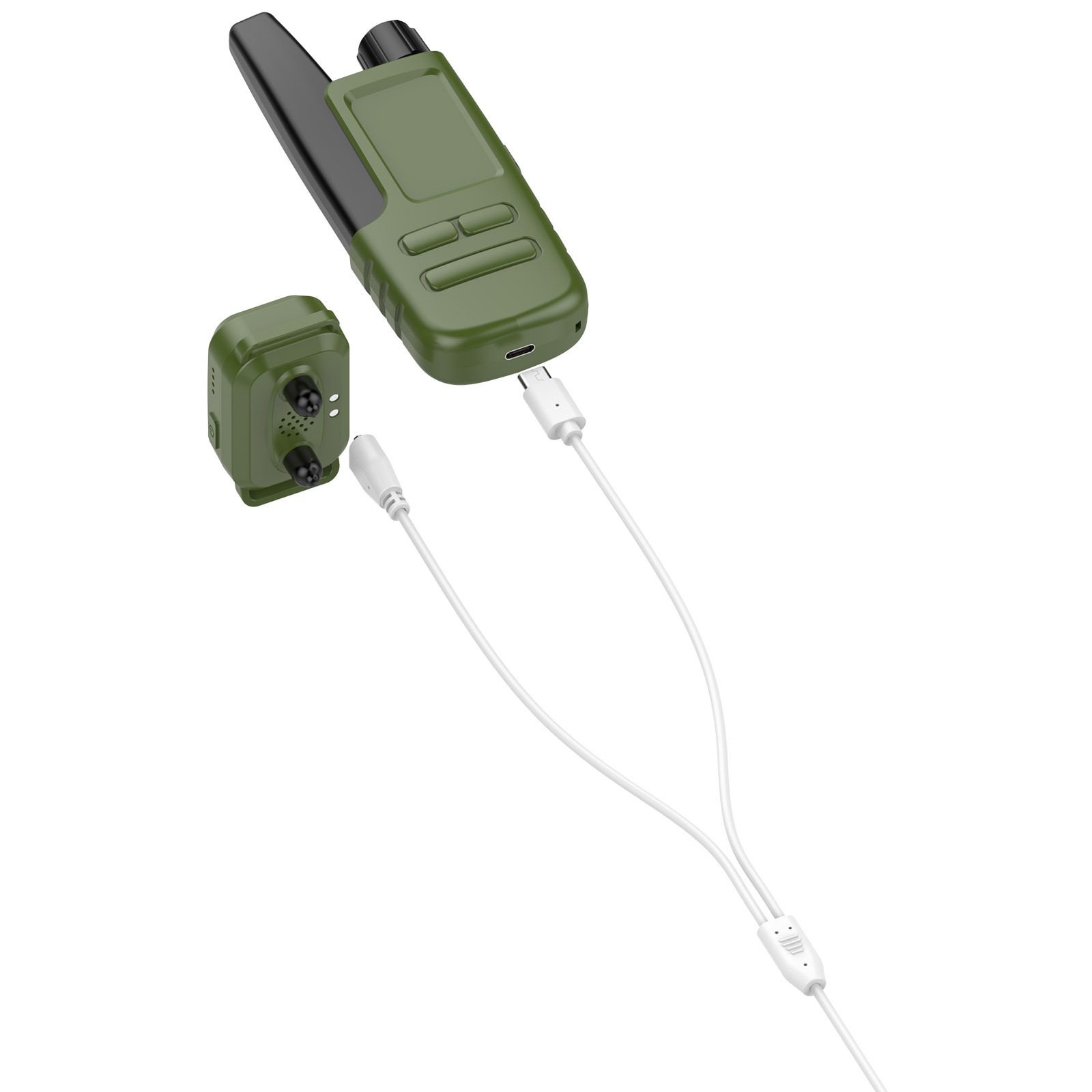 Un walkie-talkie verde oliva e un piccolo dispositivo con due ugelli neri, collegati da cavi bianchi, su sfondo bianco.