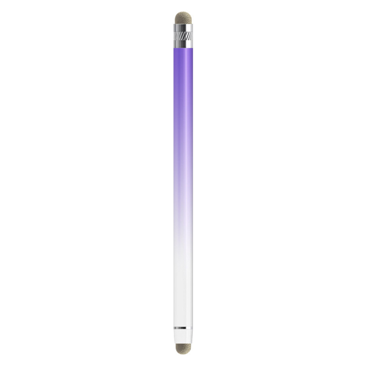 Una penna stilo con un design sfumato viola e bianco. Ha una punta argentata e una fascia argentata vicino all'estremità.