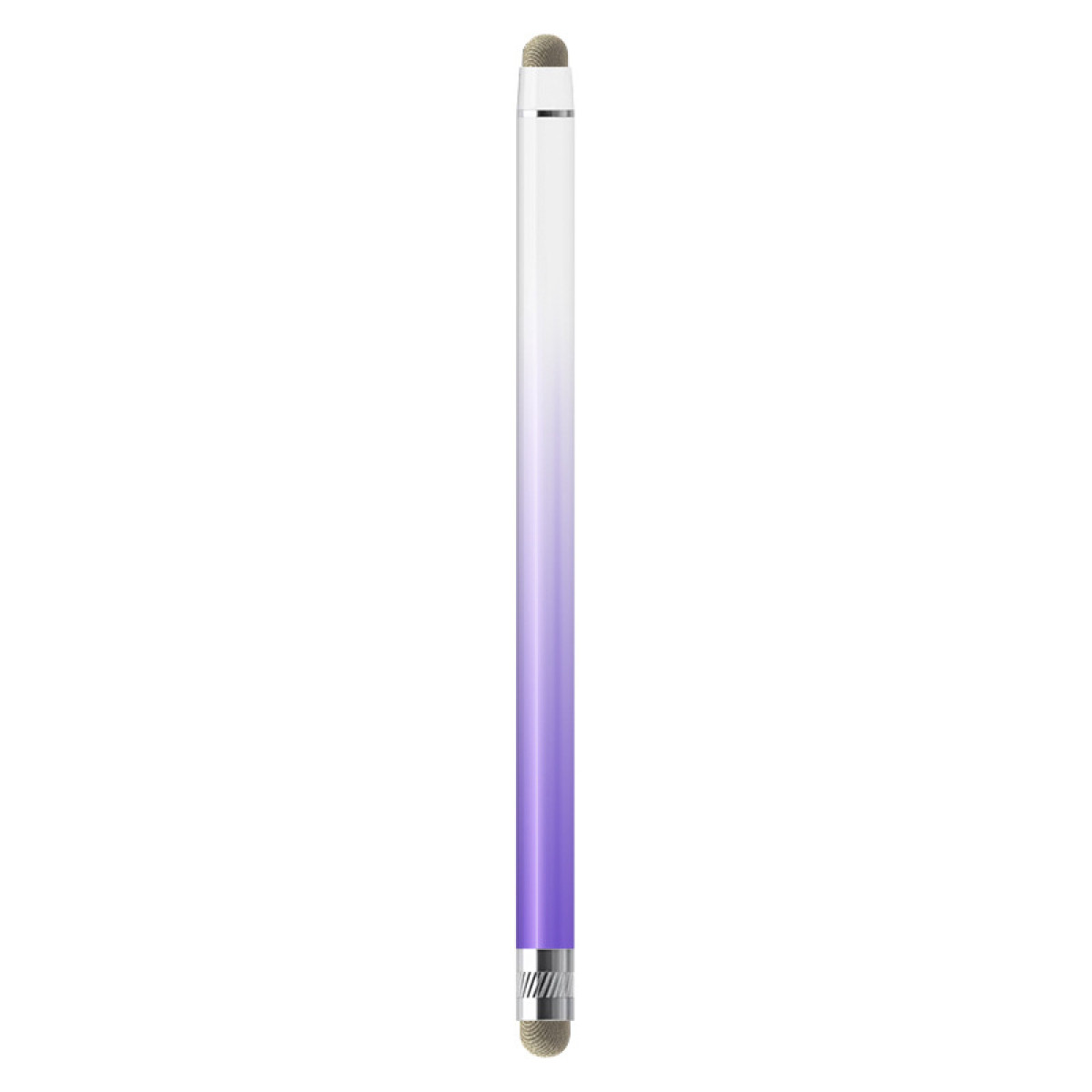 Una penna stilo con un design sfumato dal viola al bianco. La punta e la base sono metalliche. Lo sfondo è bianco.