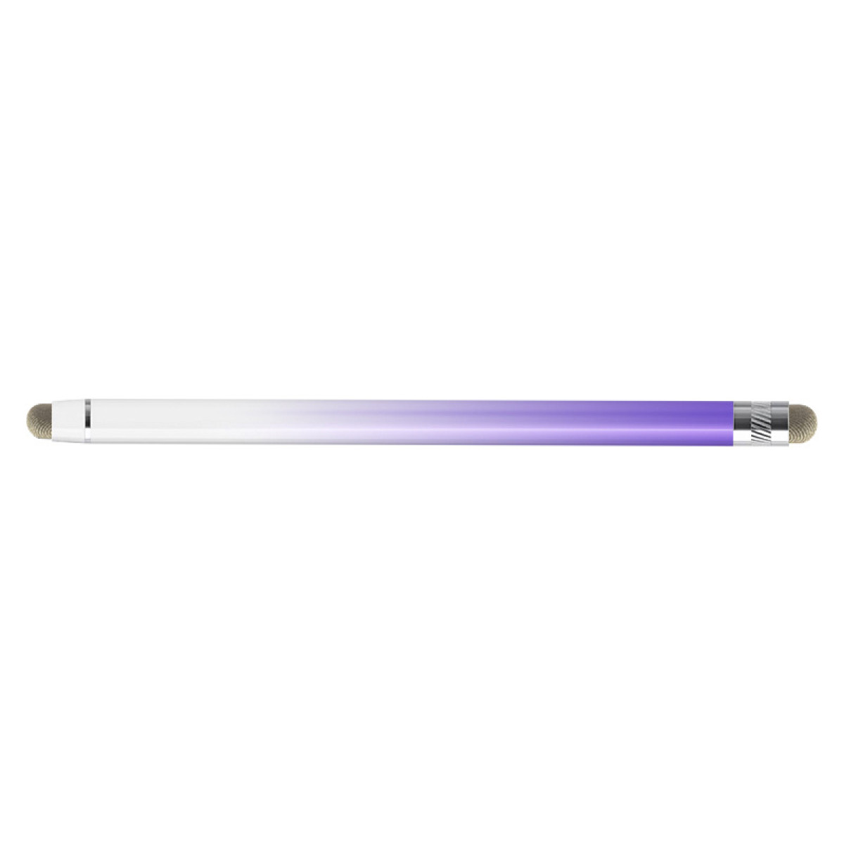 Una penna stilo con sfumatura da bianco a viola. Ha una fascia argentata e una punta grigia, su sfondo bianco.