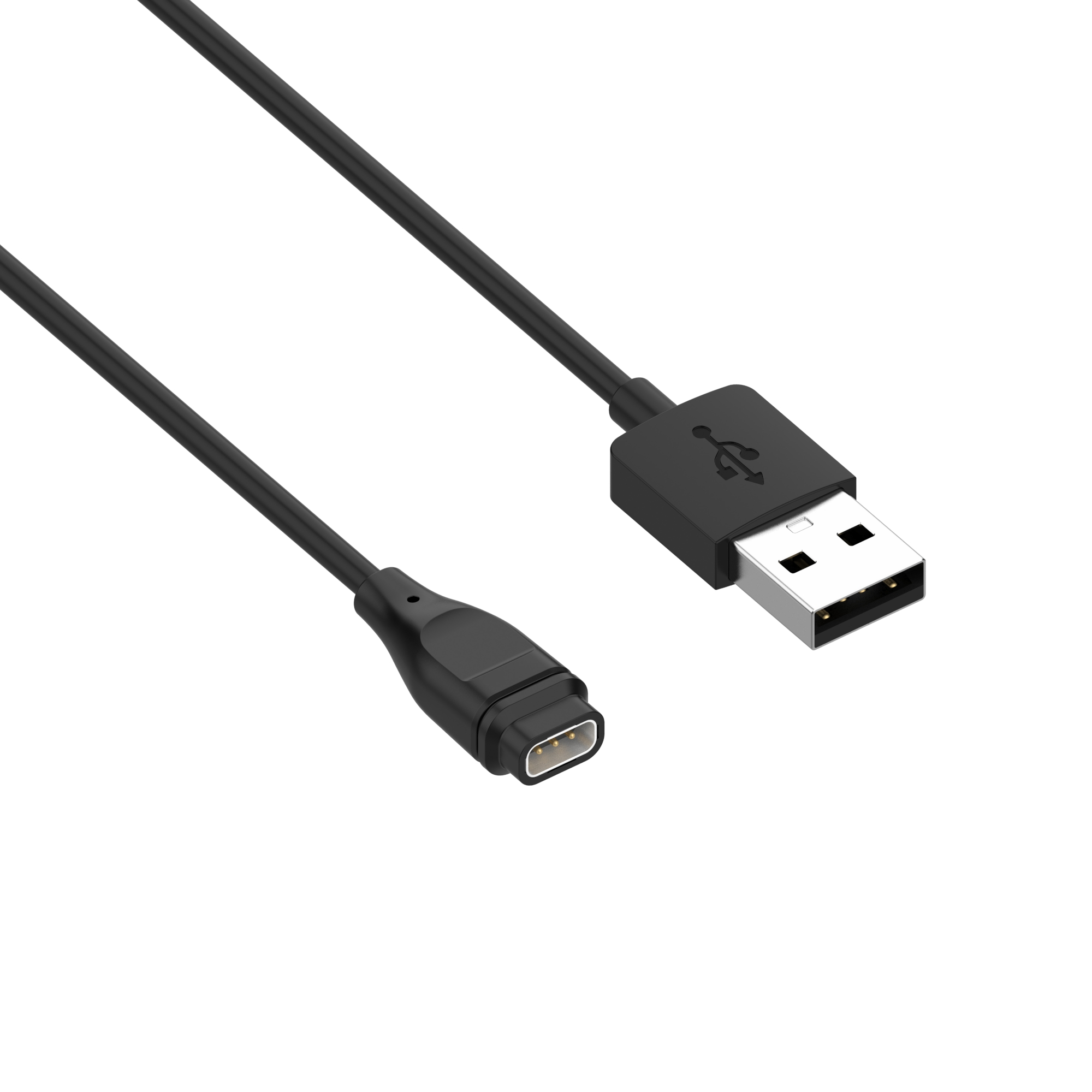 Czarny kabel USB ze złączem USB-A na jednym końcu i mniejszym złączem na drugim, na białym tle.