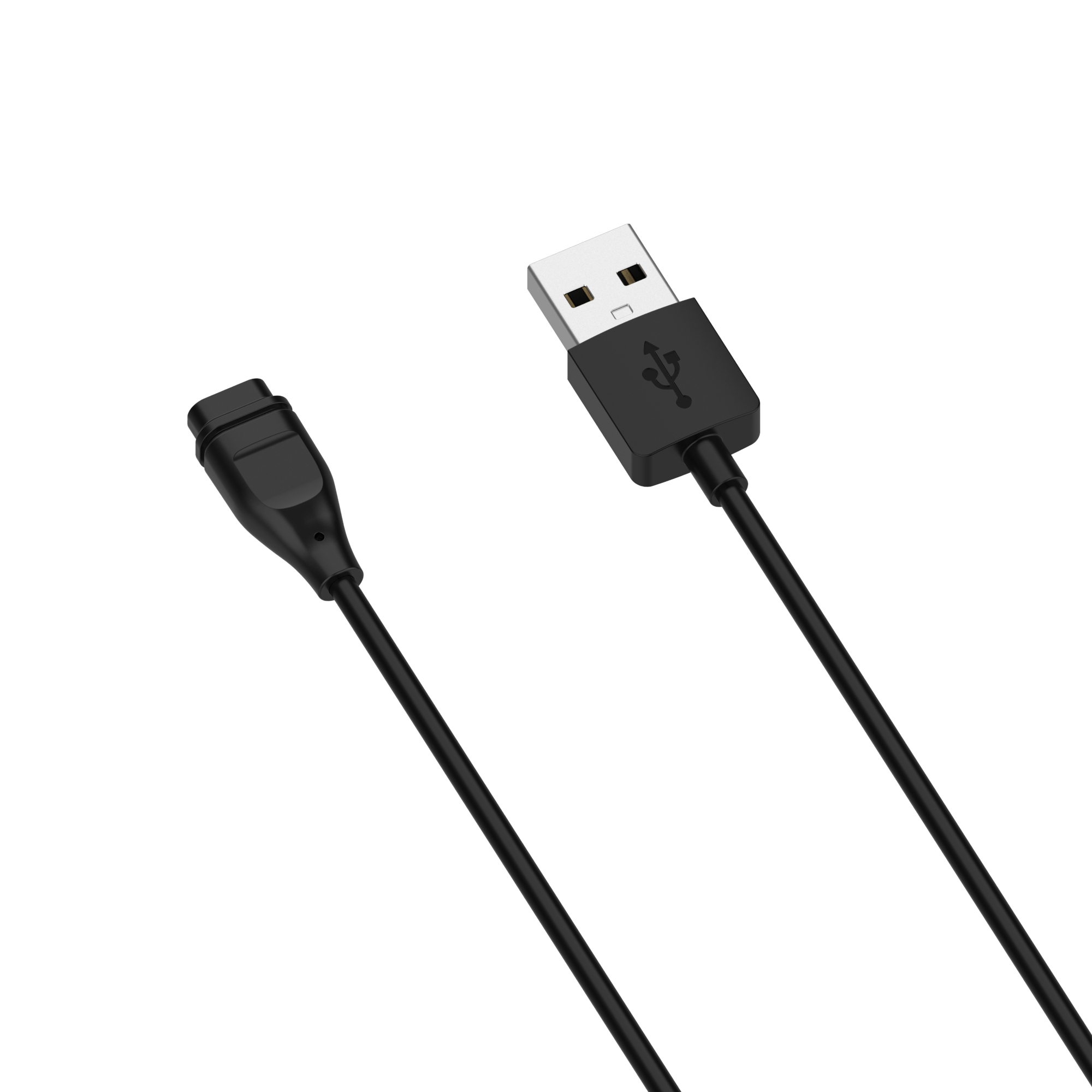 Czarny kabel do ładowania USB na białym tle. Kabel ma dwa złącza: USB-A i mniejsze.