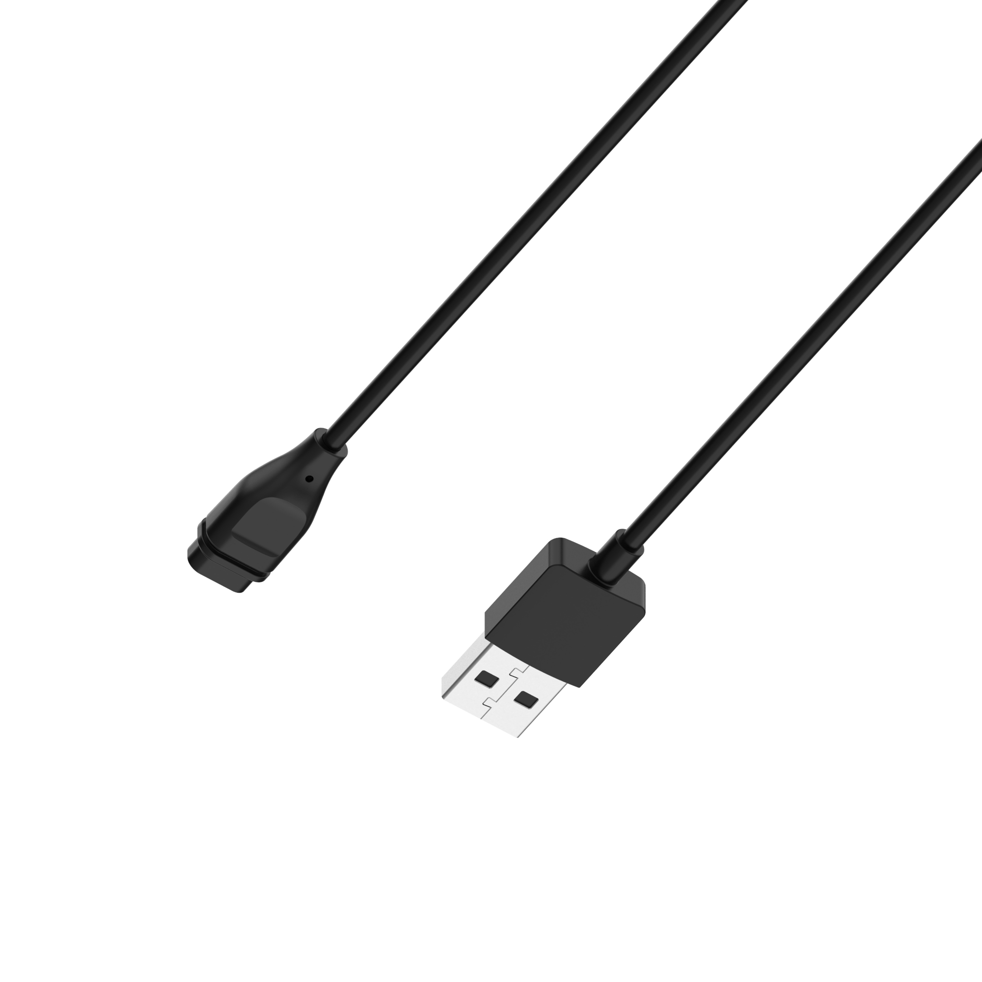 Czarny kabel USB z końcówką ładującą i końcówką USB na białym tle.