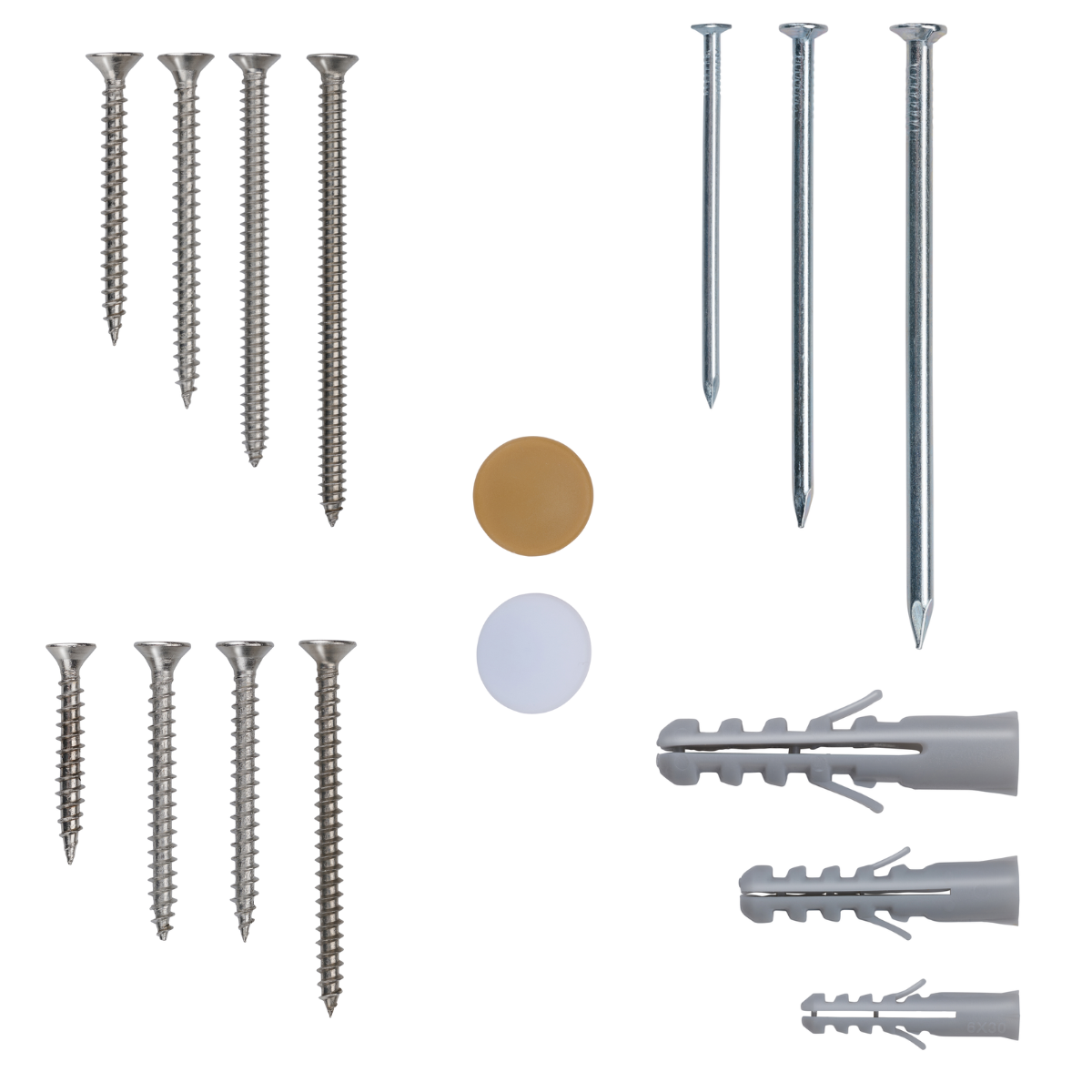 Verschillende hardware-artikelen op een witte achtergrond. Dit omvat schroeven, spijkers, kunststof pluggen en afdekkappen in verschillende maten.