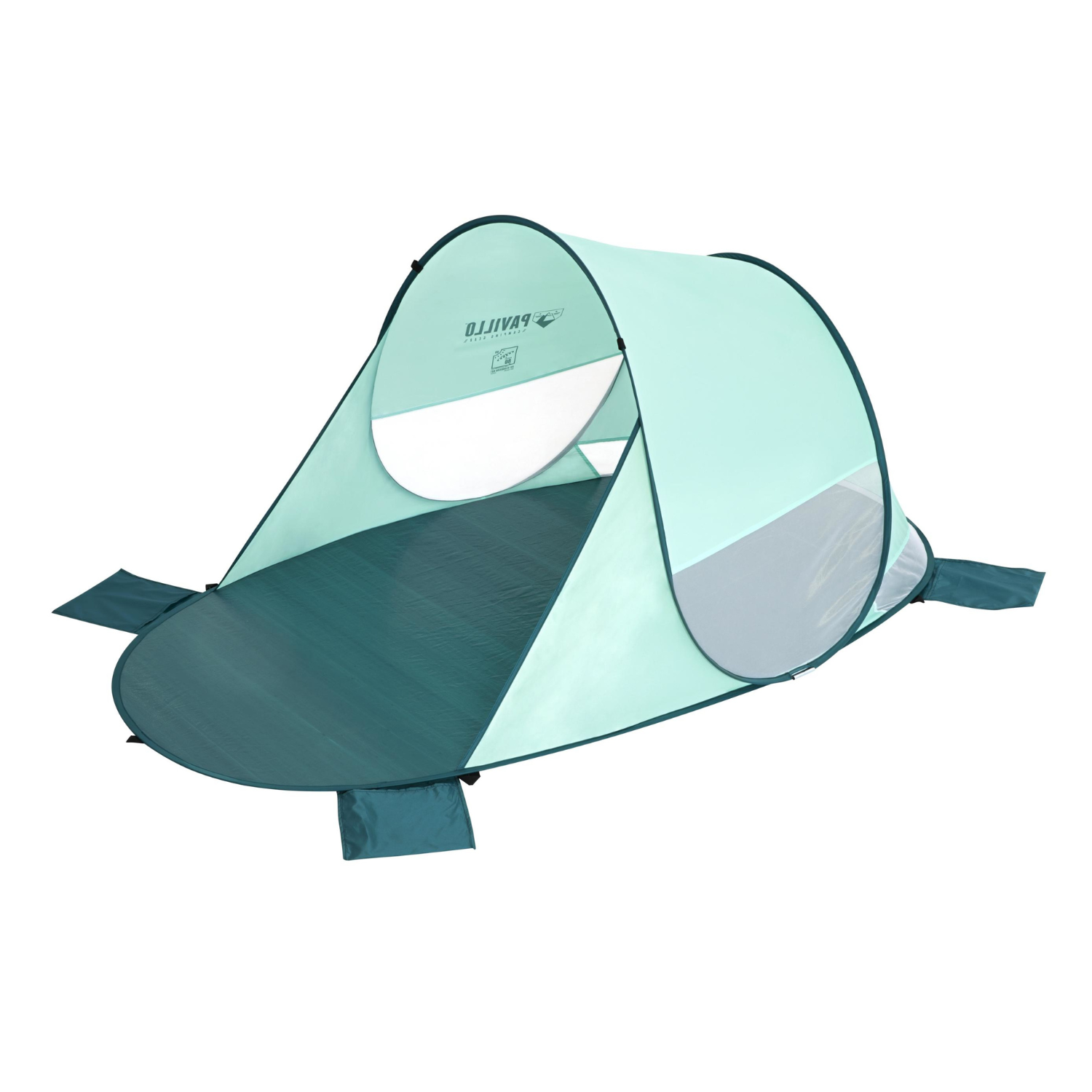 Een pop-up strandtent, in de kleuren teal en groen, is open. Het staat op een witte achtergrond. De tent heeft een cirkelvormige basis.