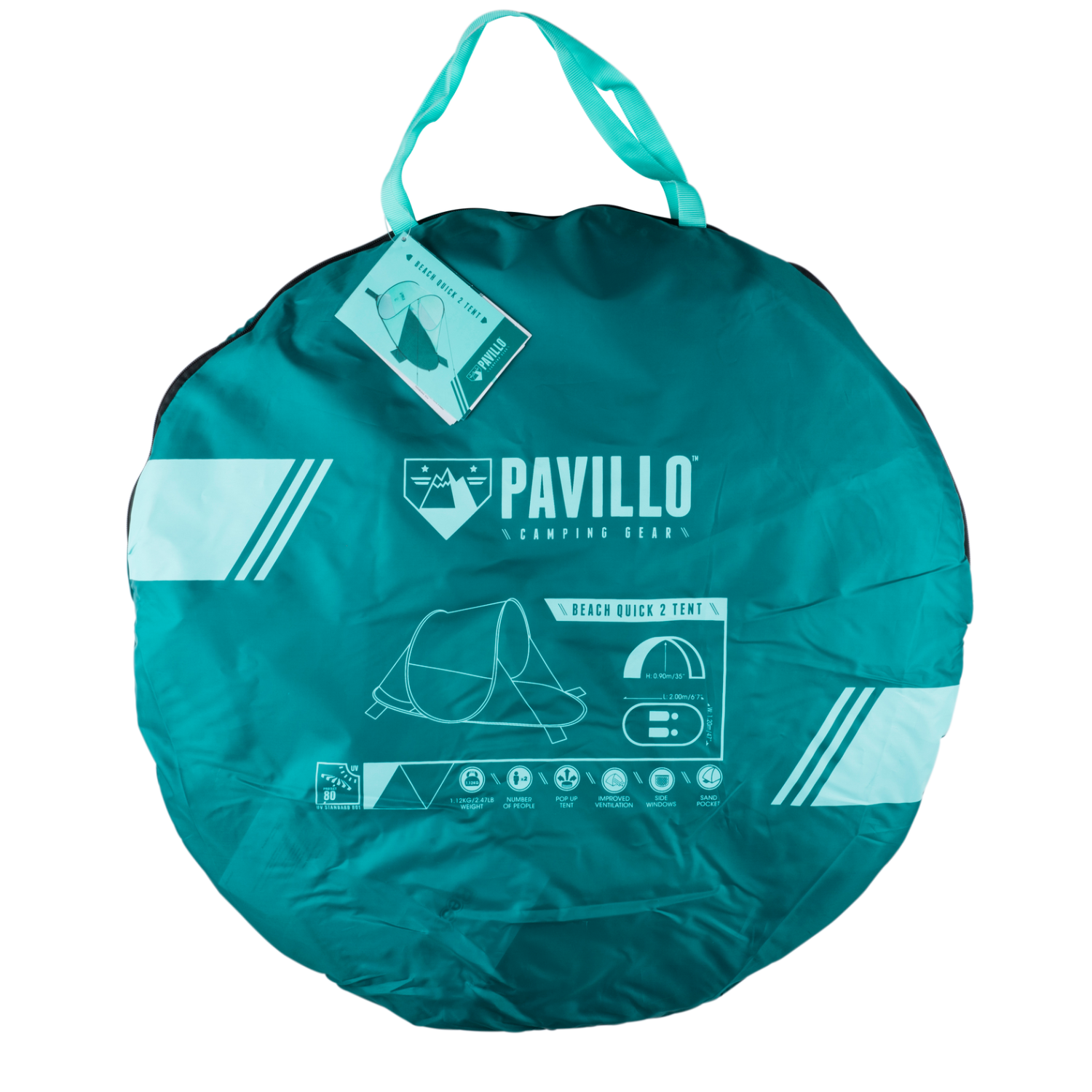 Een turquoise Pavillo Beach Quick 2 tent in een ronde draagtas. De tas heeft witte accenten, een handvat en details.