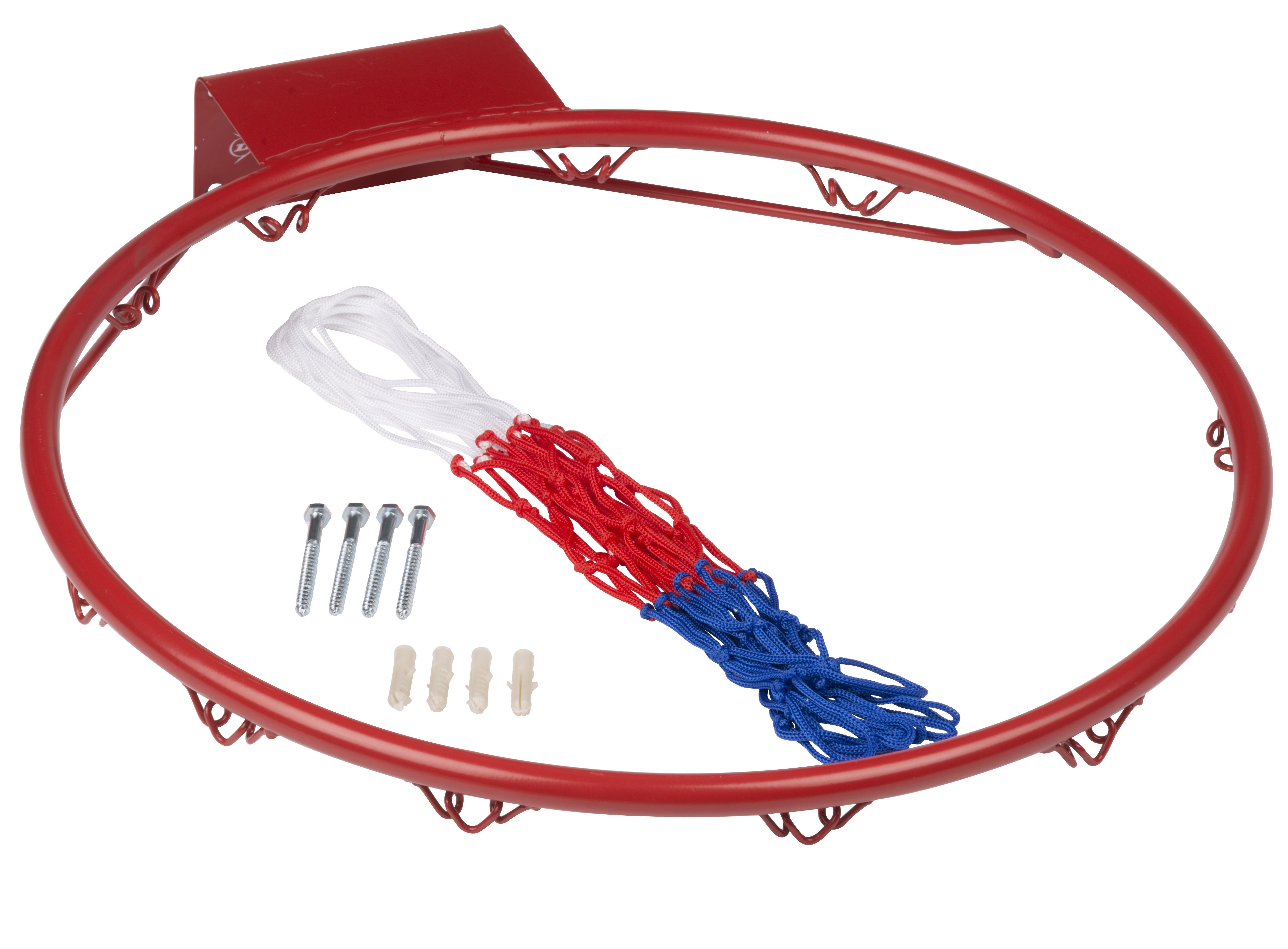 Un canestro da basket rosso con rete bianca, rossa e blu, hardware di montaggio e tasselli a muro su sfondo bianco.