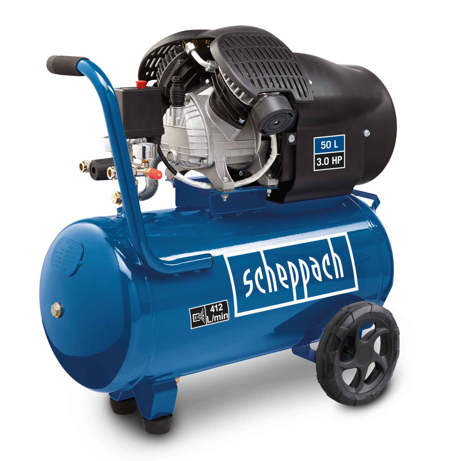 Compressore d'aria blu con componenti neri, ruote e maniglia. Logo Scheppach e dettagli sulla capacità.