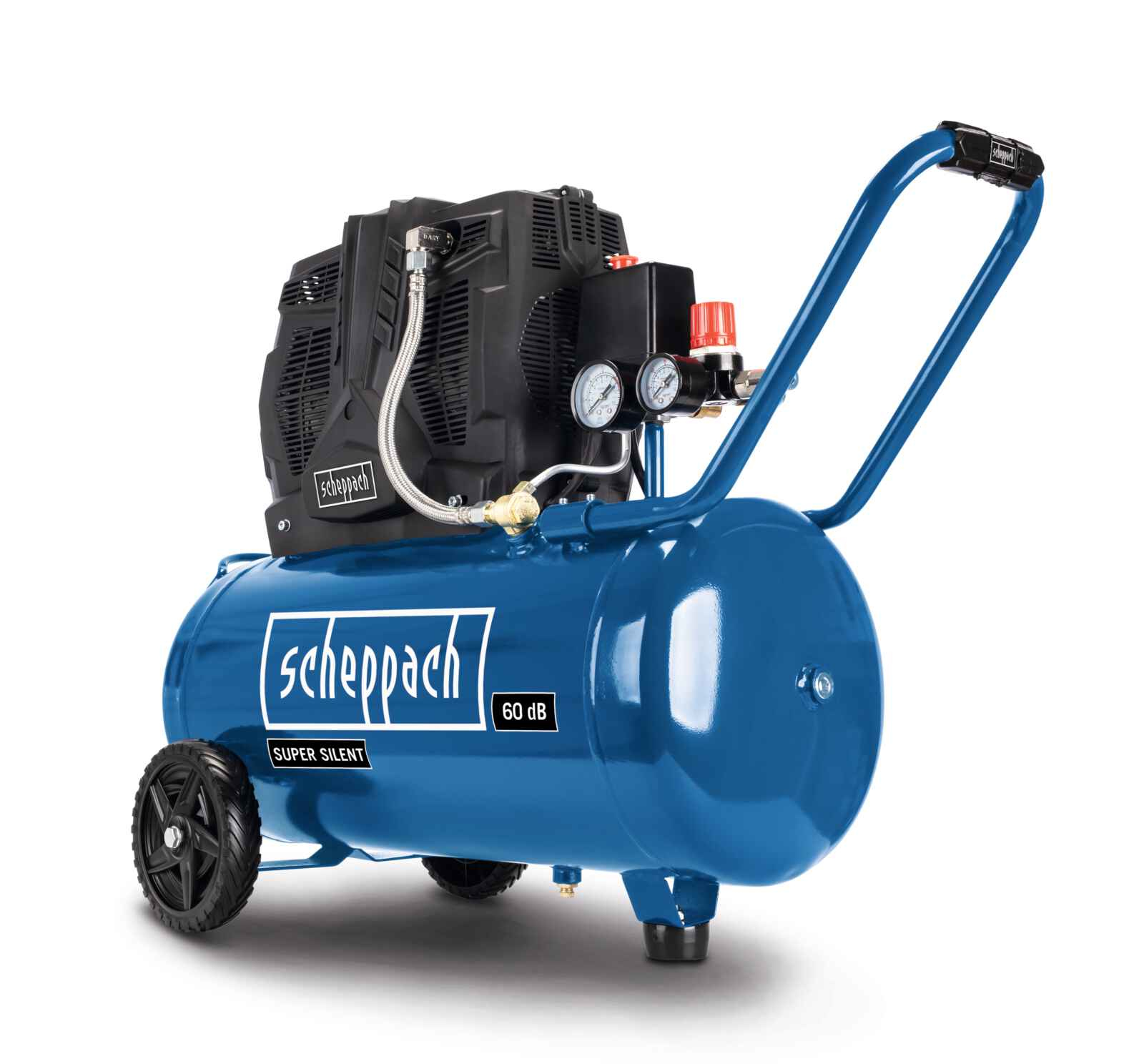 Un compressore d'aria Scheppach blu con componenti neri, ruote e maniglia. Presenta manometri, un pomello rosso e l'etichetta Super Silent.
