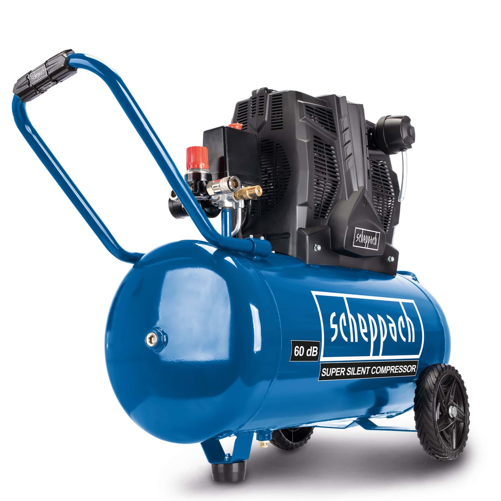 Compressore d'aria Scheppach blu. Ha maniglia, ruote e motore nero. Il serbatoio indica 60 dB Super Silent Compressor.