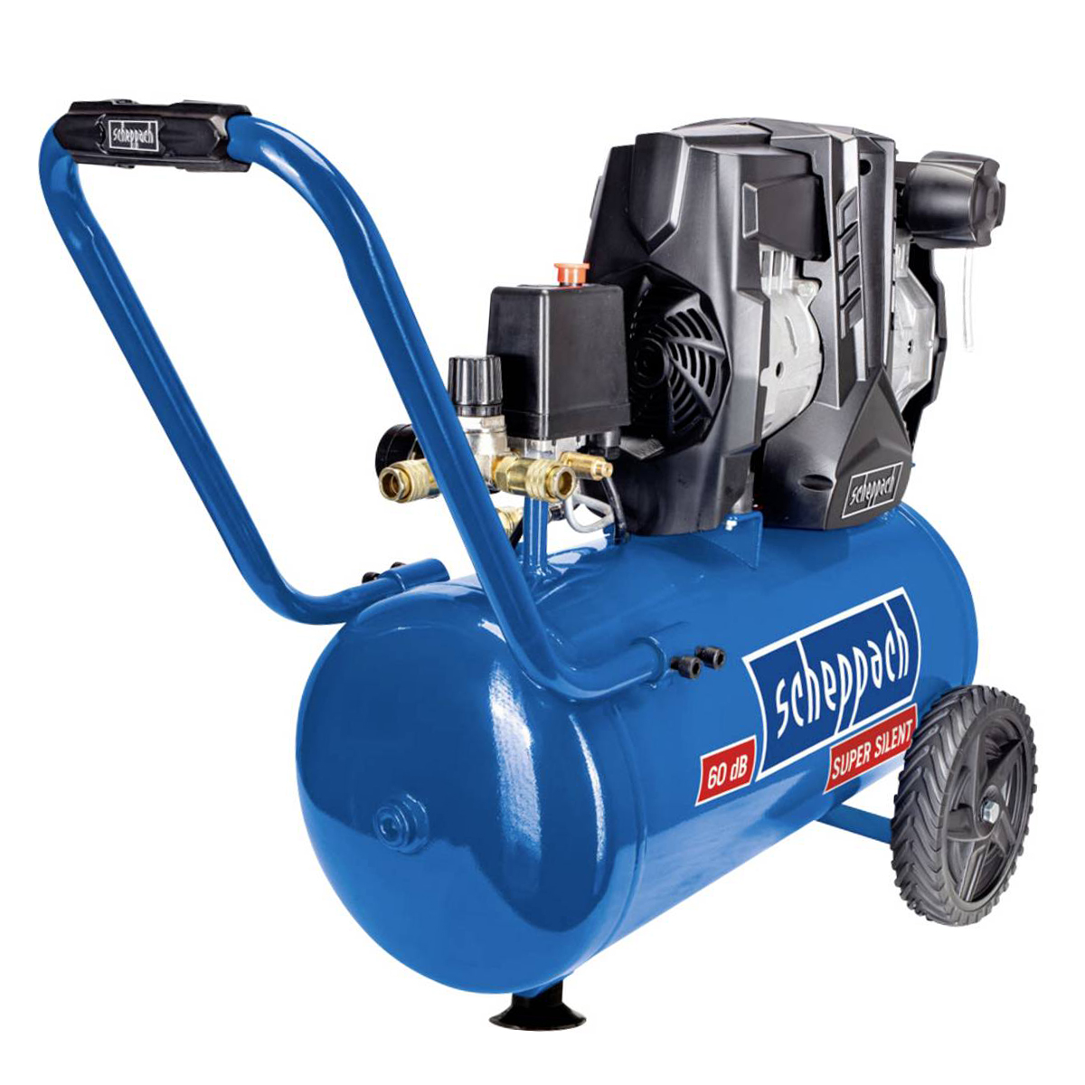 Un compressore Scheppach blu. Ha una maniglia nera, una copertura del motore nera e una ruota. Il serbatoio è blu.
