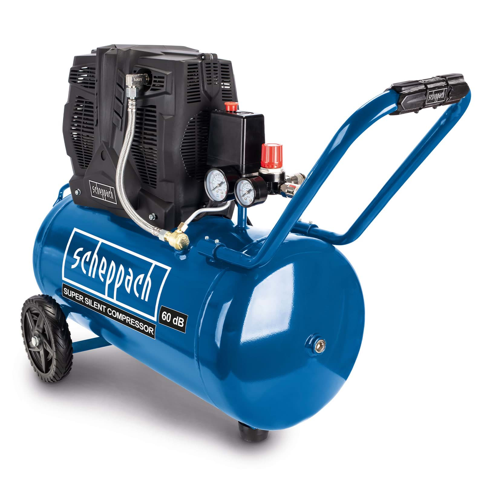 Compressore Scheppach blu. Ha dettagli neri, una maniglia e ruote. È etichettato come 'SUPER SILENT COMPRESSOR 60 dB'.