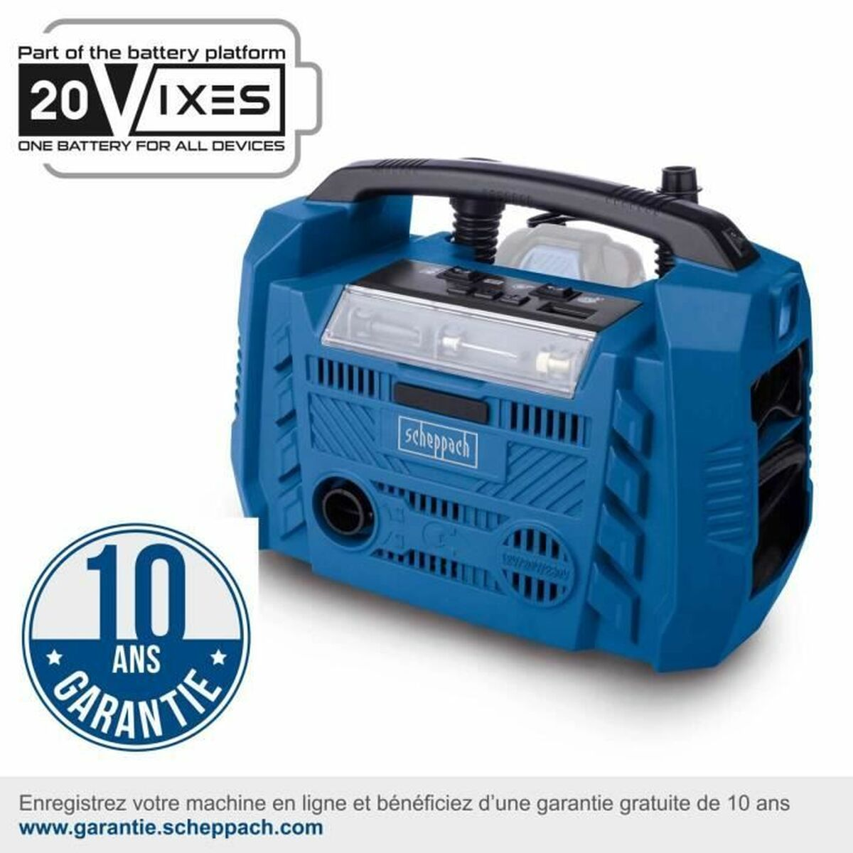 Un utensile elettrico Scheppach blu con manico nero. Il testo sull'immagine include '20 VIXES' e '10 ANS GARANTIE'.