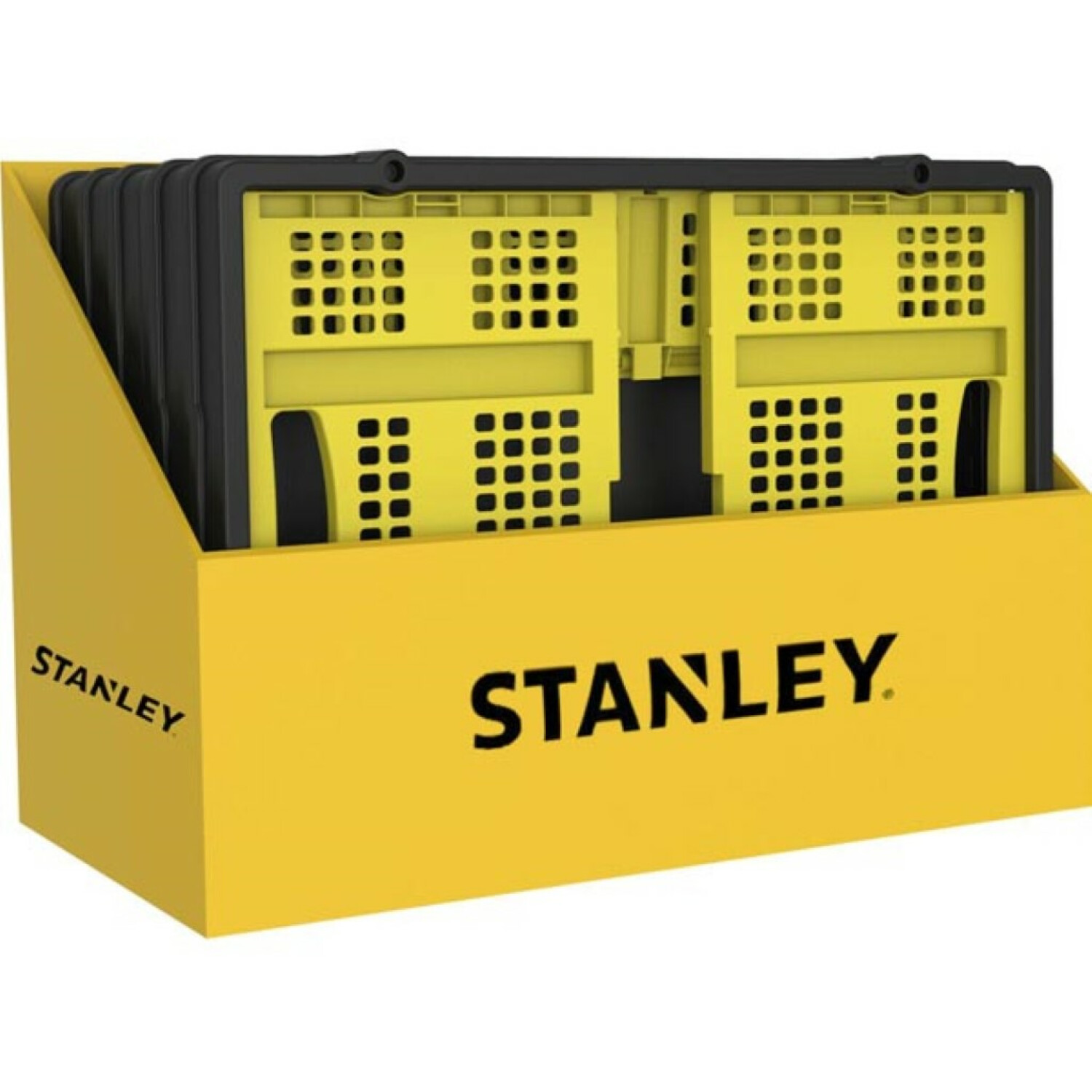 Gele Stanley displaydoos met gestapelde gele en zwarte opvouwbare kratten. Het STANLEY-logo staat prominent op de voorkant.
