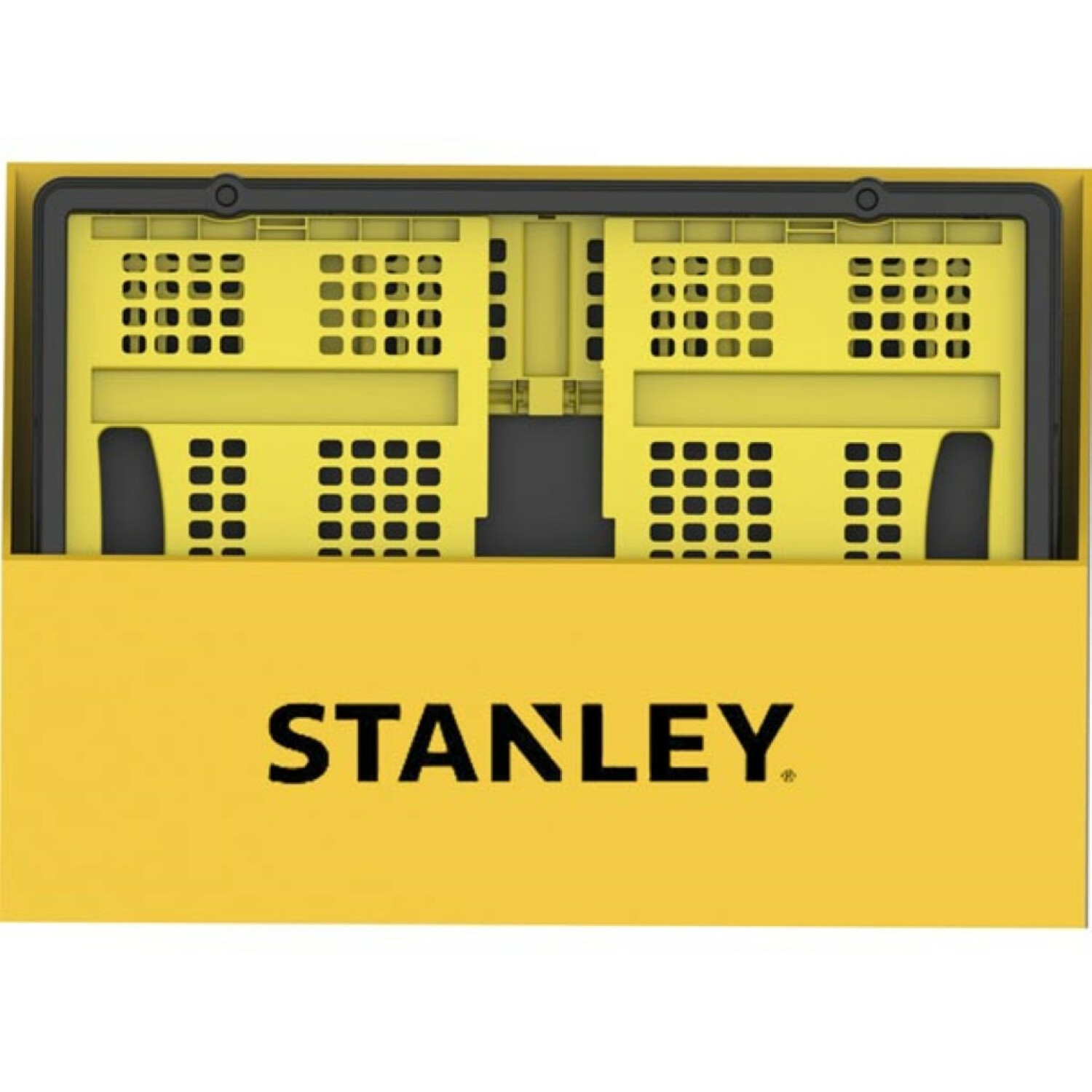 Een gele Stanley opvouwbare krat. De krat is open en onthult een geel interieur en zwarte rand. Het Stanley-logo is zichtbaar.