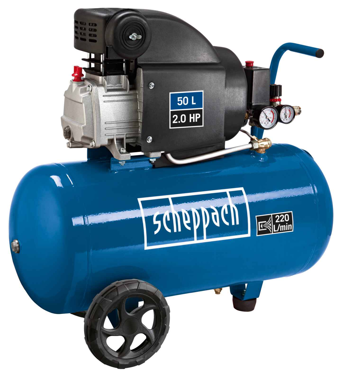 Un compressore d'aria blu con componenti neri. Ha ruote, indicatori e il marchio Scheppach. Specifiche: serbatoio da 50L, 2.0HP, 220 L/min.